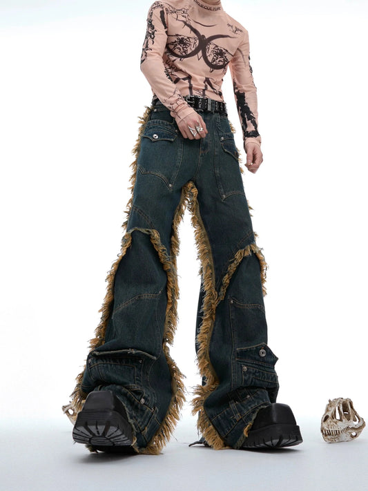 Vintage Fringe Studded Distressed Denim Pants with Deconstructed