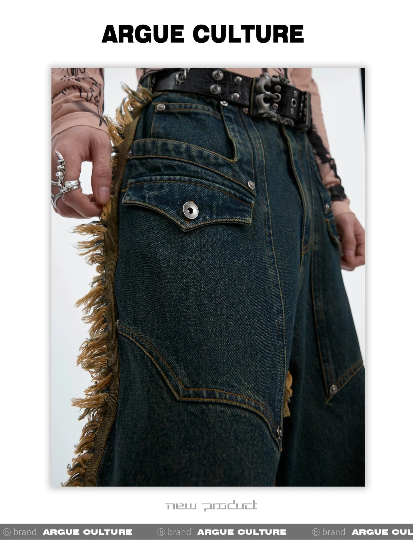 Vintage Fringe Studded Distressed Denim Pants with Deconstructed