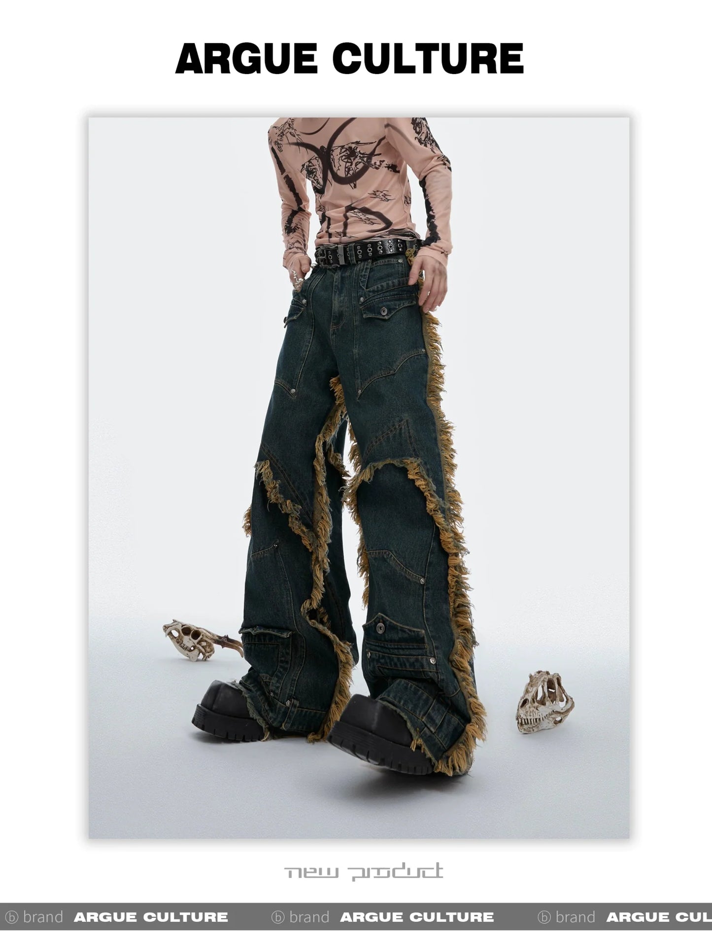 Vintage Fringe Studded Distressed Denim Pants with Deconstructed