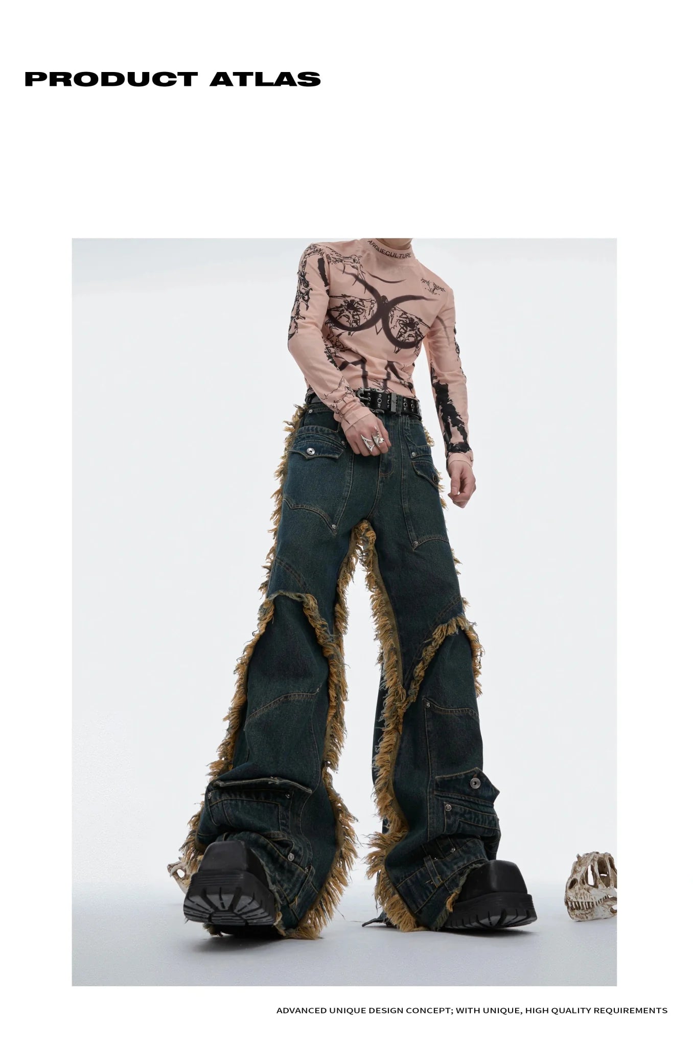 Vintage Fringe Studded Distressed Denim Pants with Deconstructed