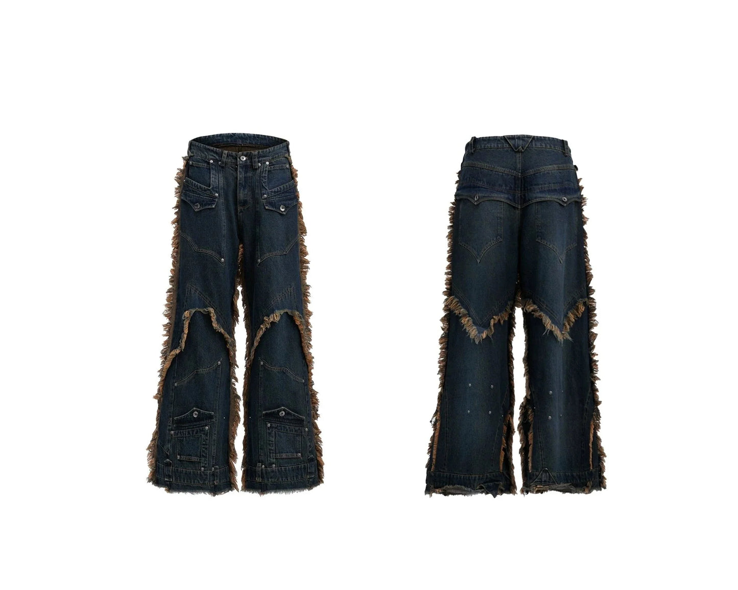 Vintage Fringe Studded Distressed Denim Pants with Deconstructed