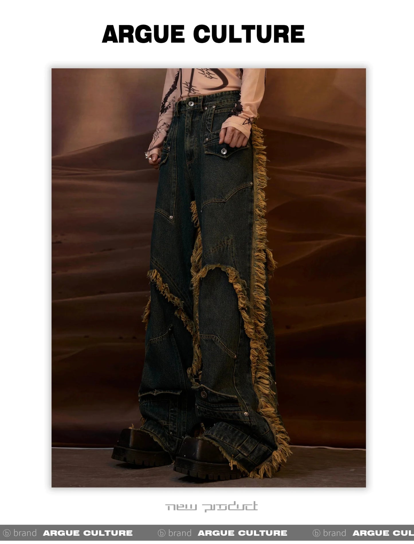 Vintage Fringe Studded Distressed Denim Pants with Deconstructed