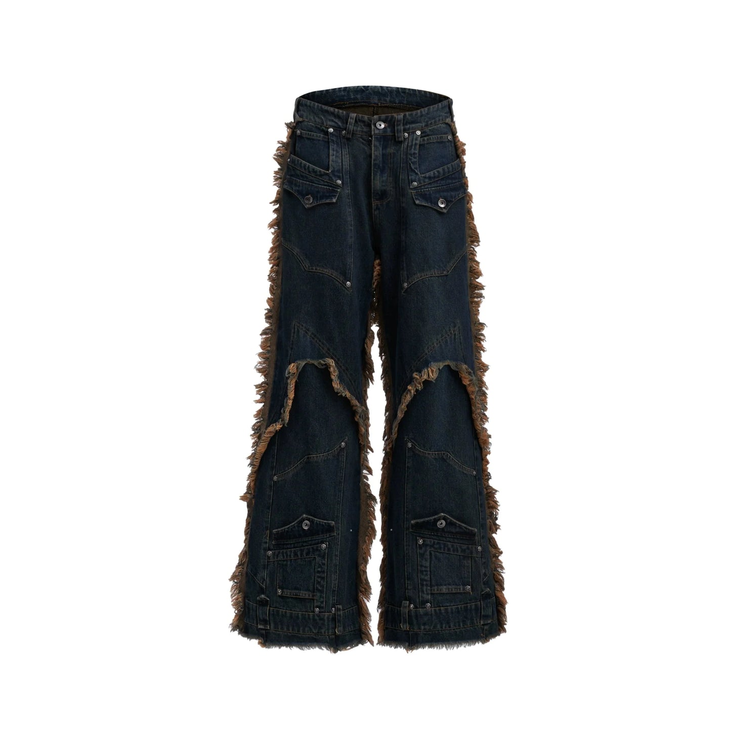 Vintage Fringe Studded Distressed Denim Pants with Deconstructed