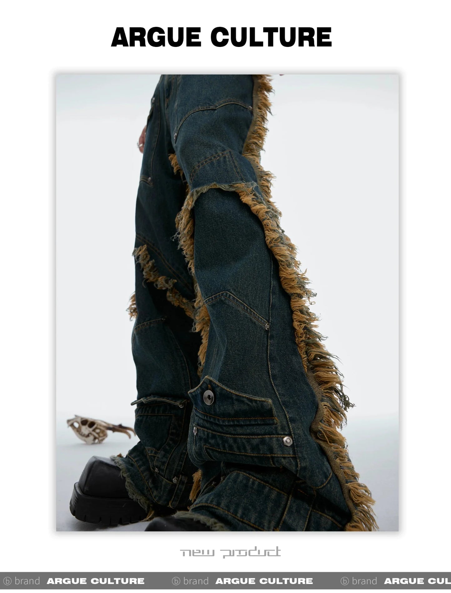 Vintage Fringe Studded Distressed Denim Pants with Deconstructed