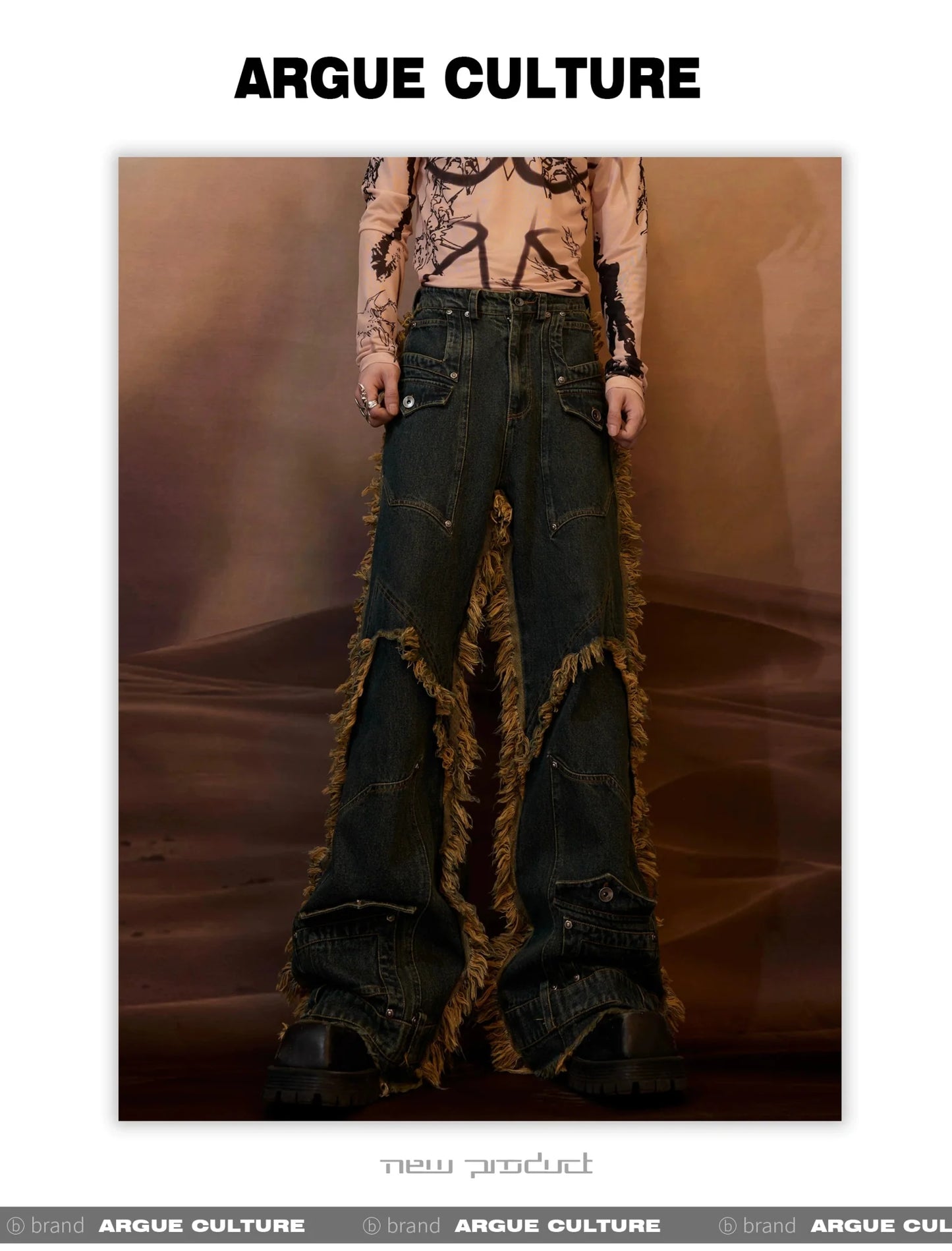 Vintage Fringe Studded Distressed Denim Pants with Deconstructed