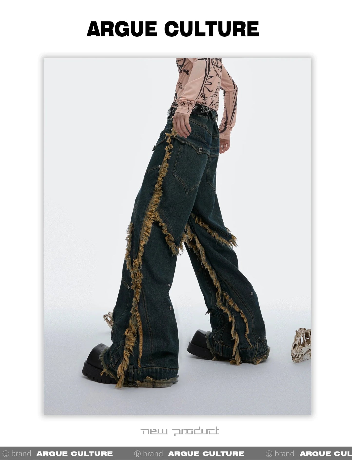 Vintage Fringe Studded Distressed Denim Pants with Deconstructed