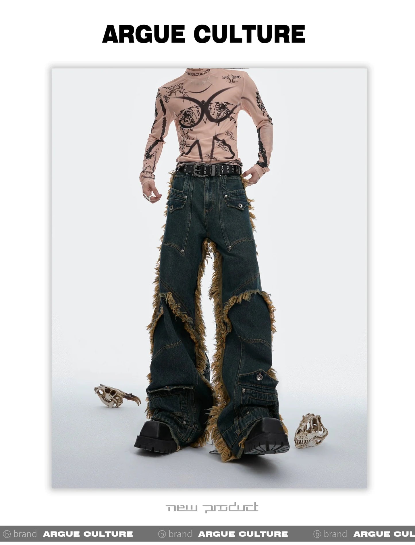 Vintage Fringe Studded Distressed Denim Pants with Deconstructed