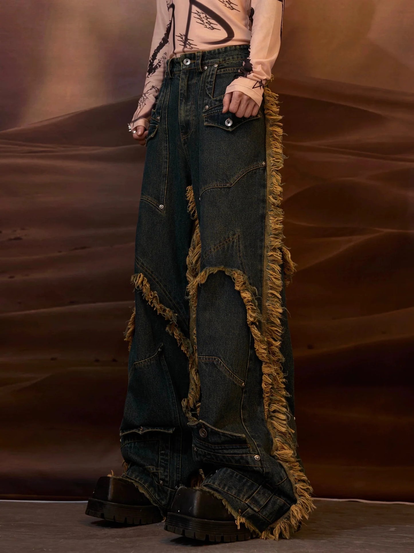 Vintage Fringe Studded Distressed Denim Pants with Deconstructed