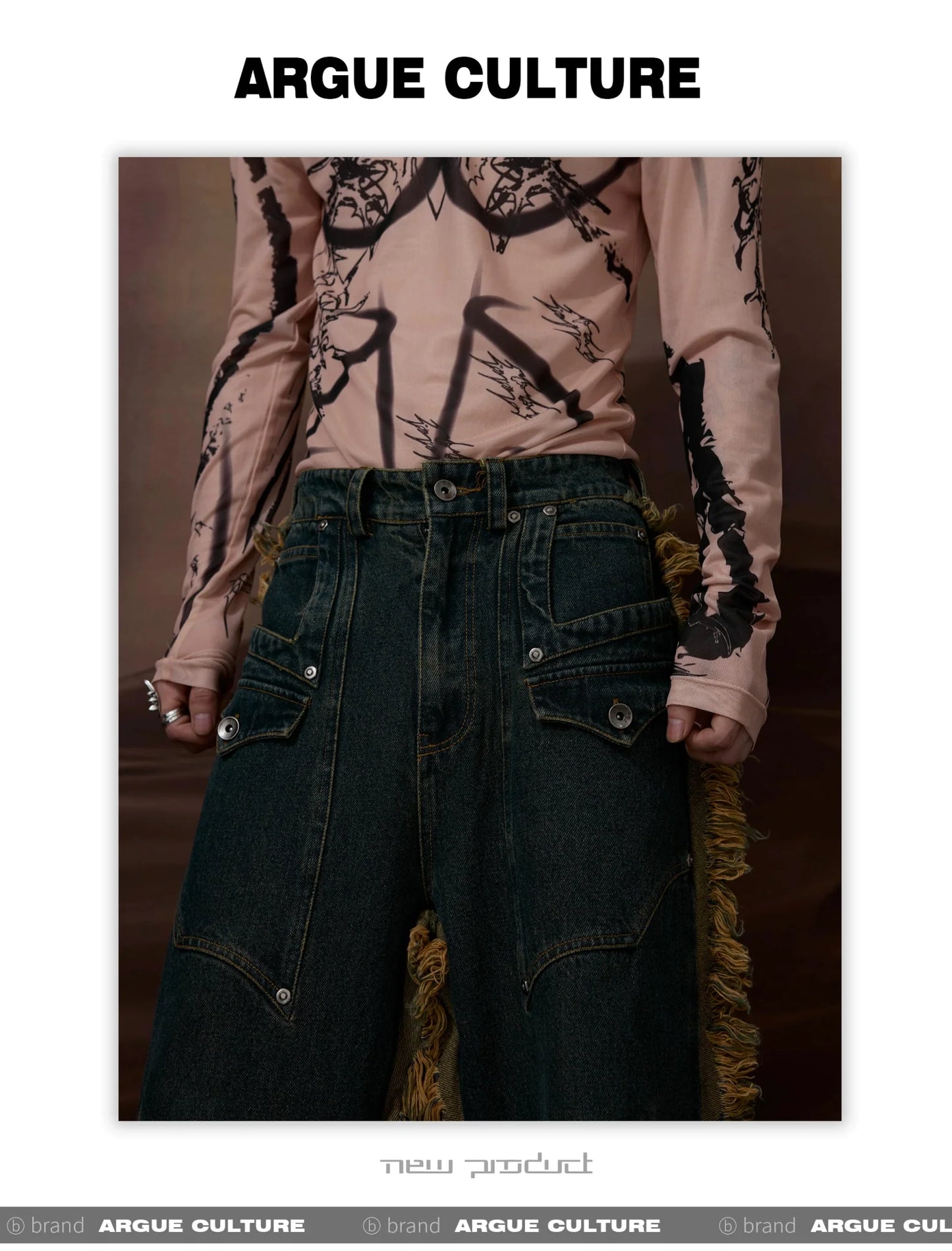 Vintage Fringe Studded Distressed Denim Pants with Deconstructed