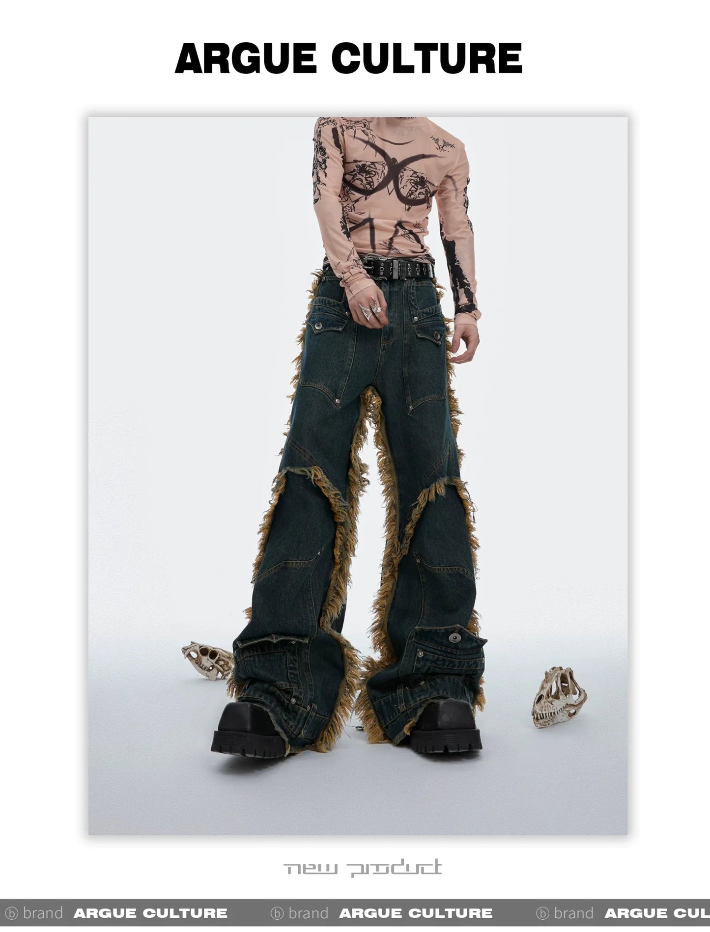 Vintage Fringe Studded Distressed Denim Pants with Deconstructed