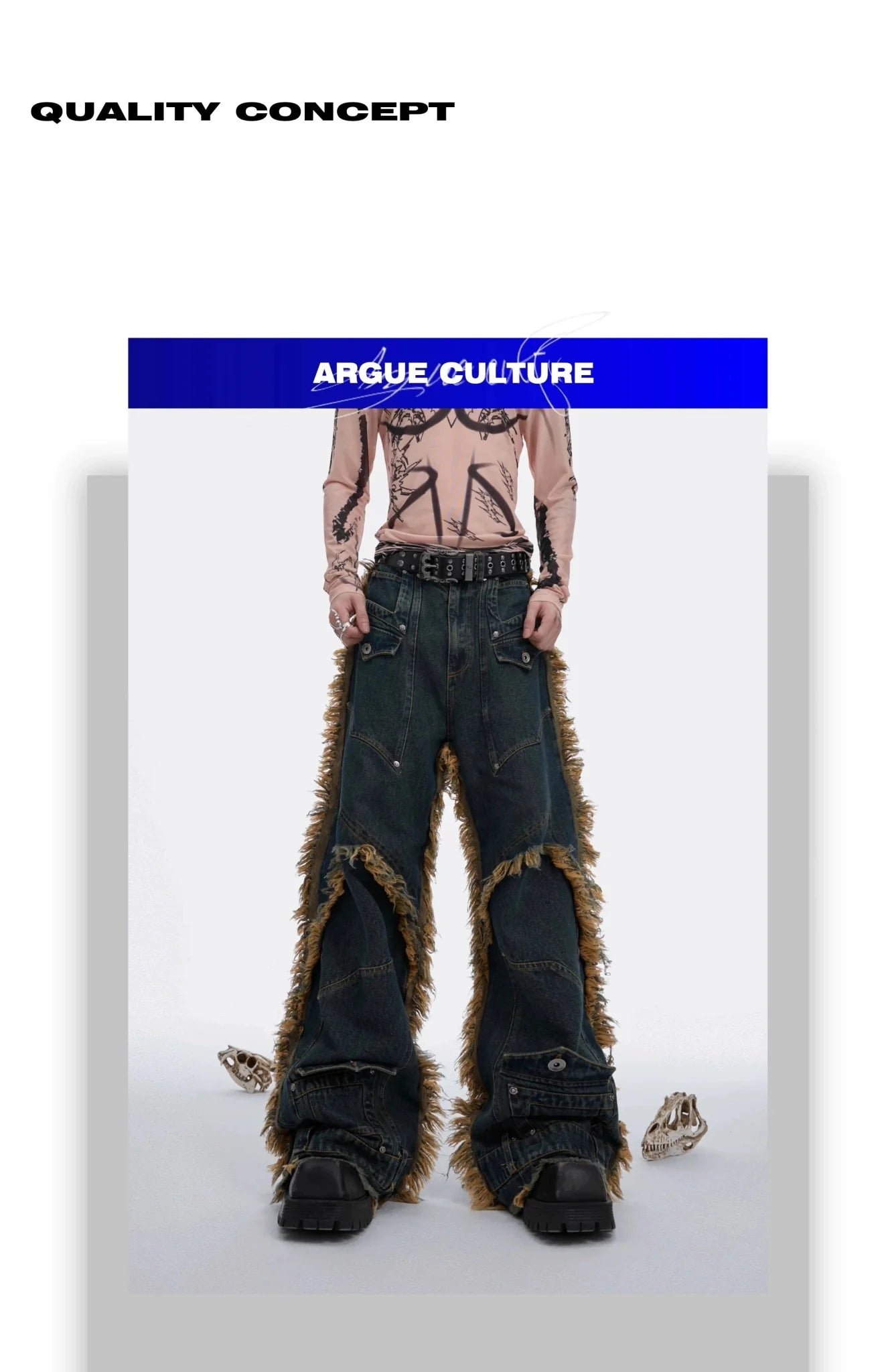 Vintage Fringe Studded Distressed Denim Pants with Deconstructed