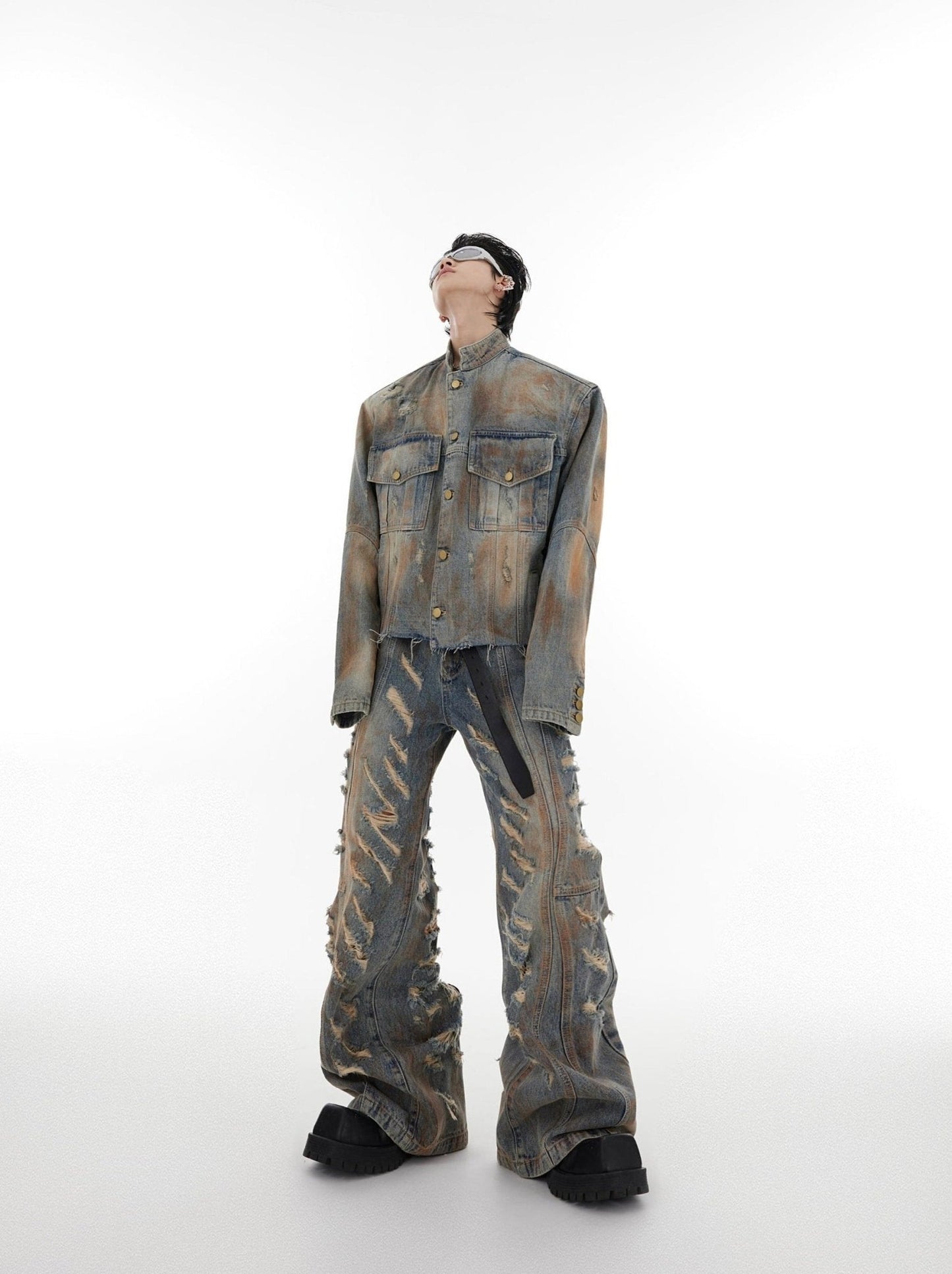 Vintage Post-Apocalyptic Distressed Denim Suit | Heavy-Duty Aged Jacket with Flared Jeans