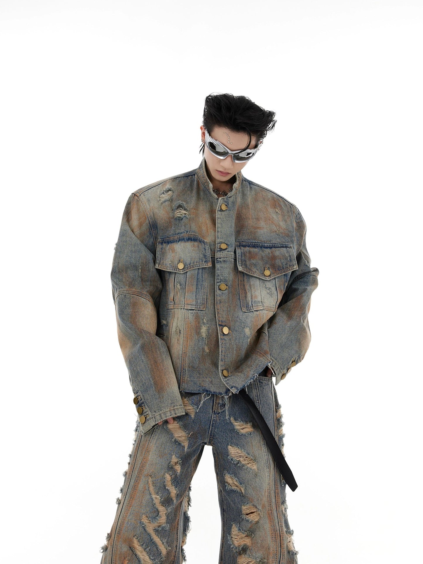 Vintage Post-Apocalyptic Distressed Denim Suit | Heavy-Duty Aged Jacket with Flared Jeans