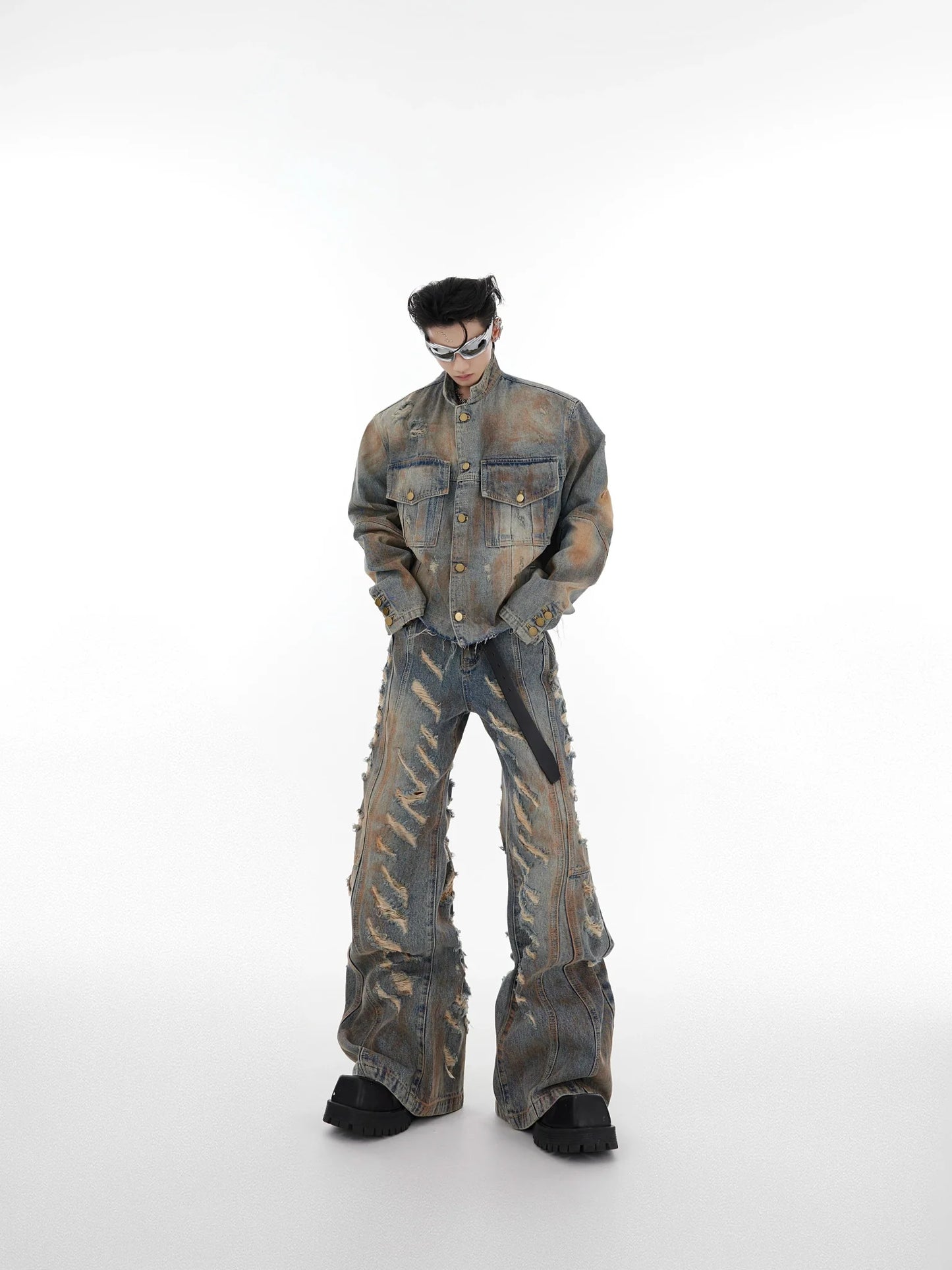 Vintage Post-Apocalyptic Distressed Denim Suit | Heavy-Duty Aged Jacket with Flared Jeans