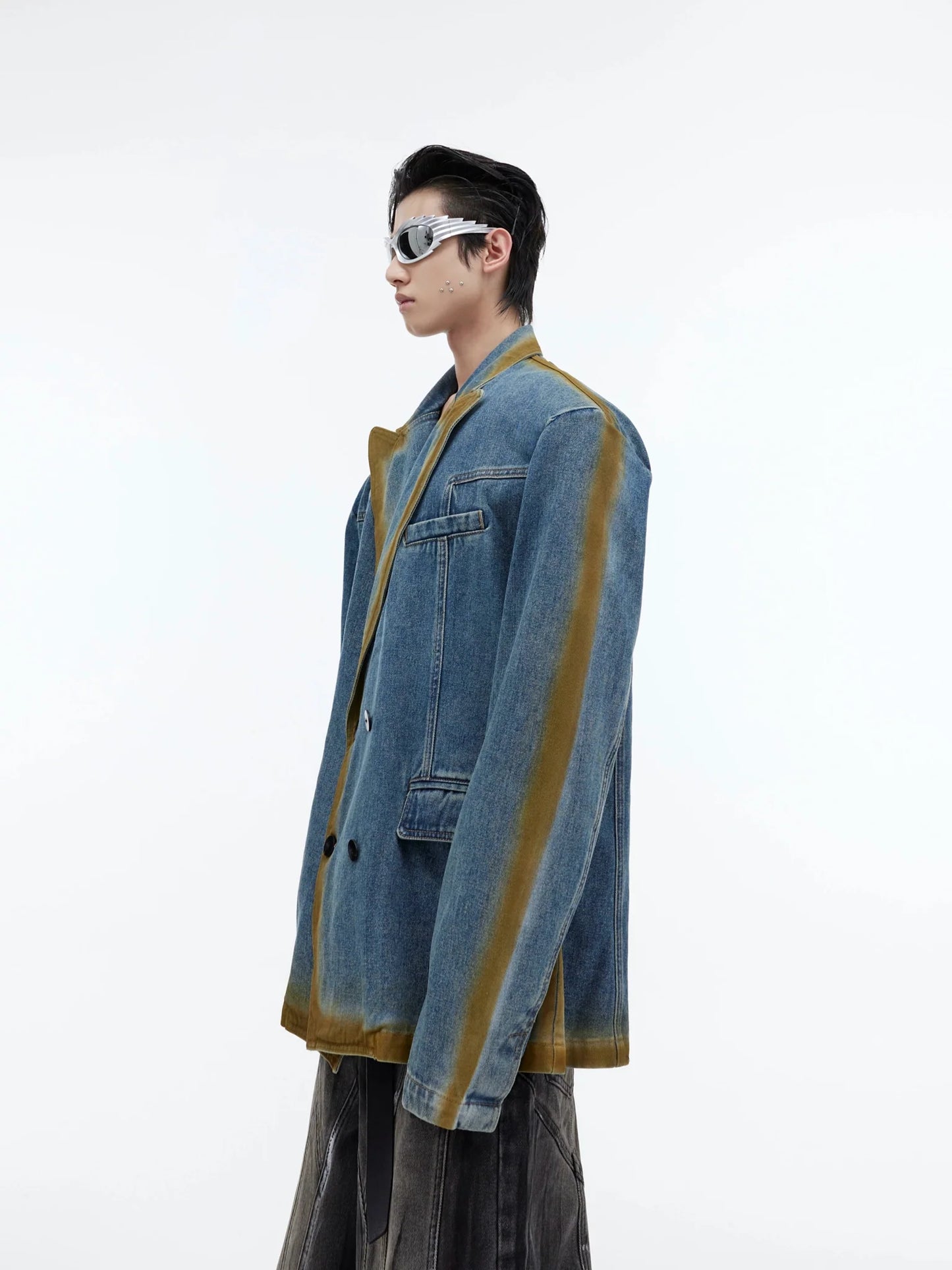 Vintage Wash Gradient Line Denim Blazer | Spray Paint Design Jacket