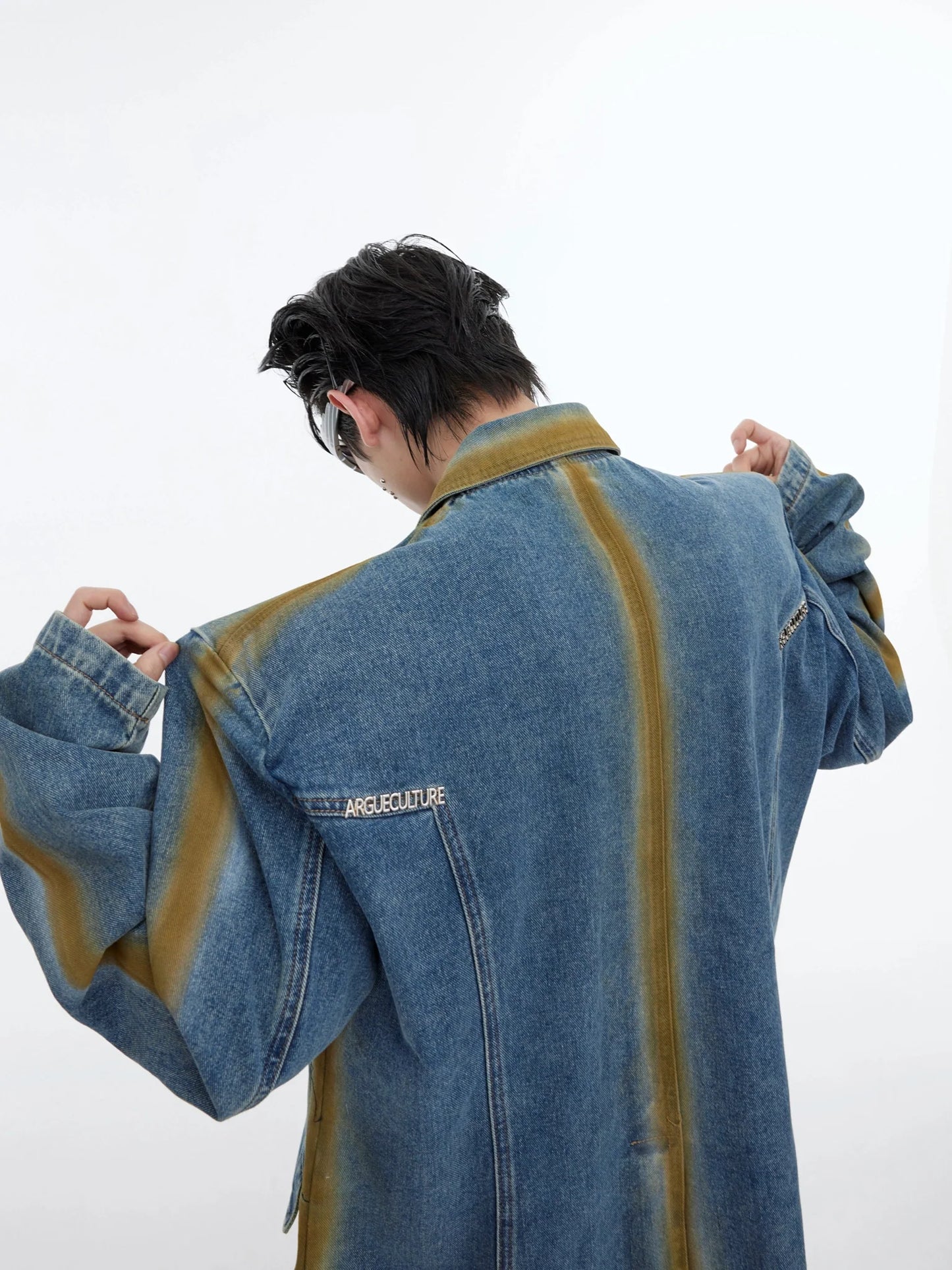 Vintage Wash Gradient Line Denim Blazer | Spray Paint Design Jacket