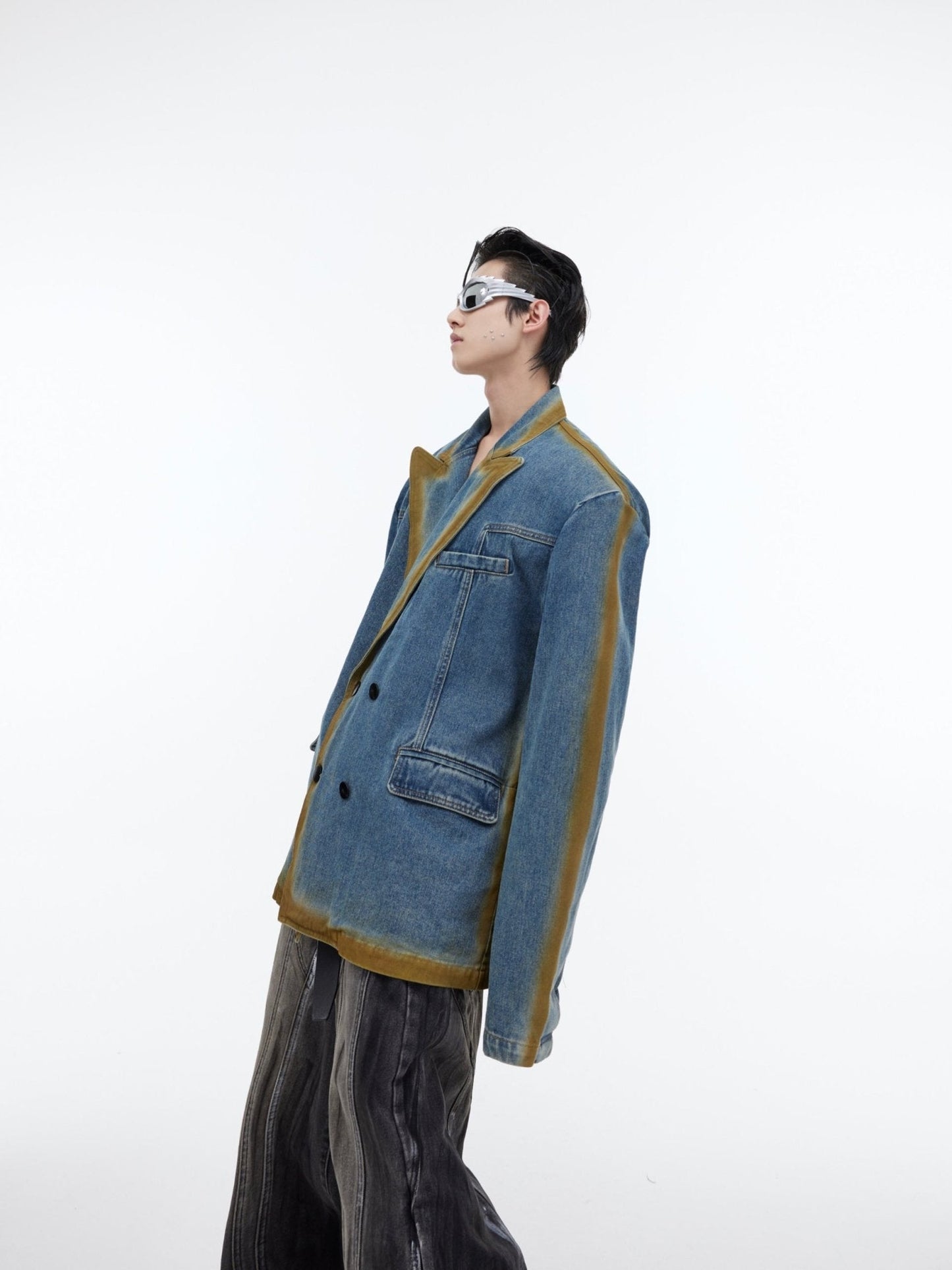 Vintage Wash Gradient Line Denim Blazer | Spray Paint Design Jacket