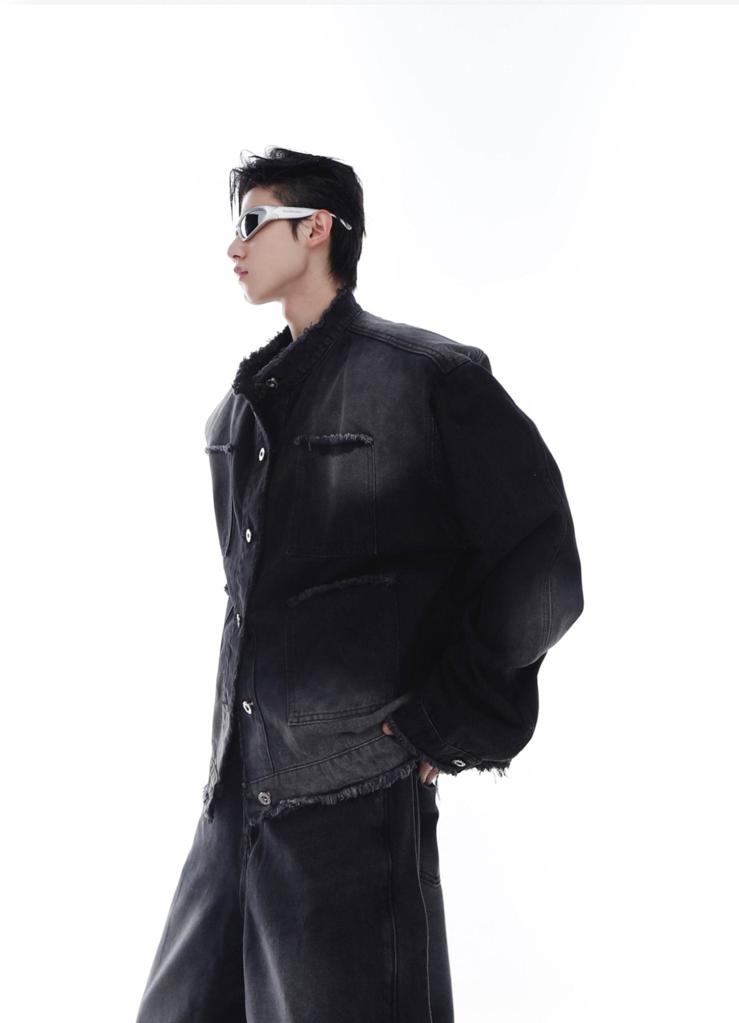 Vintage Wash Padded Shoulder Denim Jacket | Multi-Pocket Patchwork Short Coat