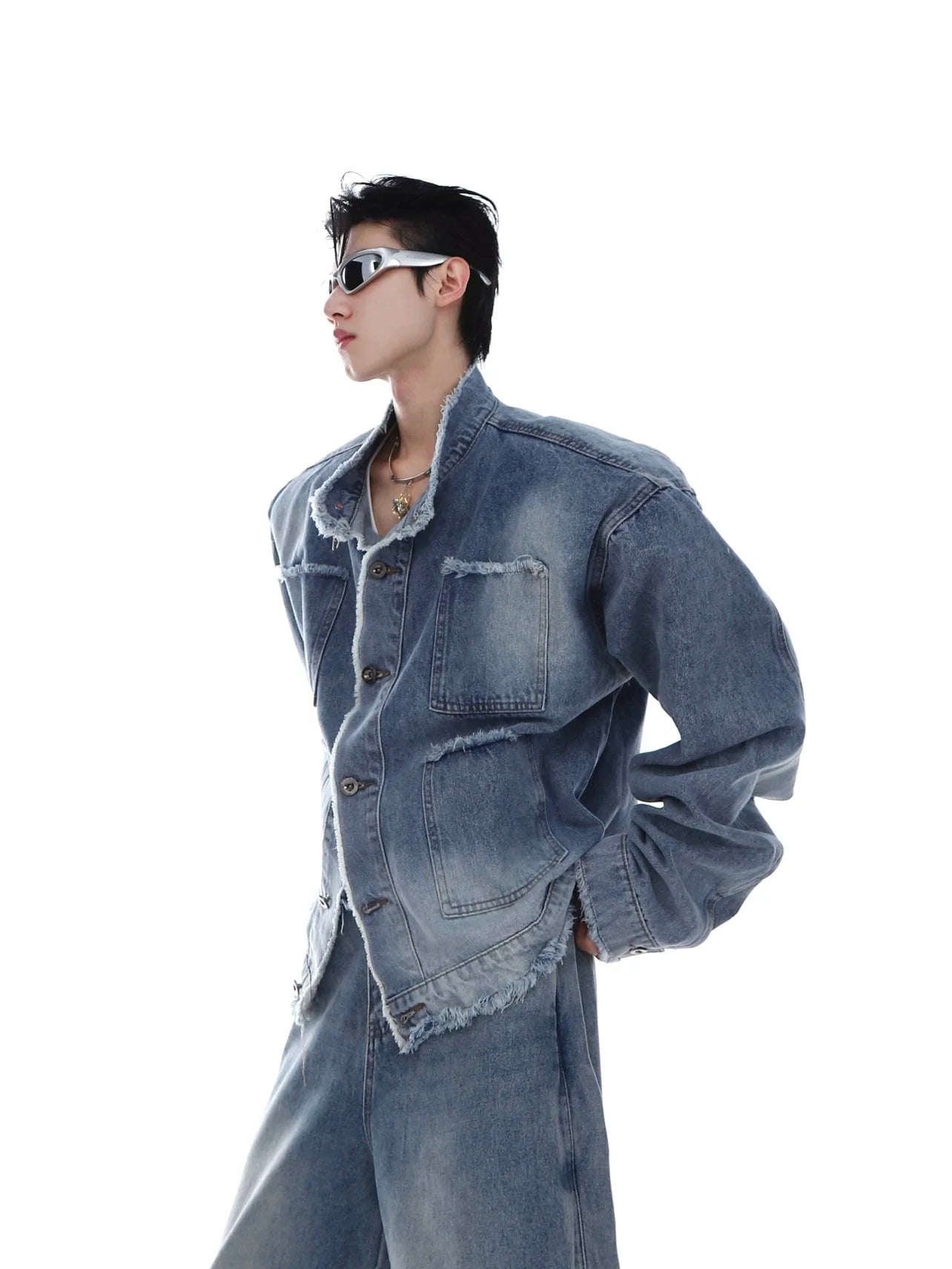 Vintage Wash Padded Shoulder Denim Jacket | Multi-Pocket Patchwork Short Coat