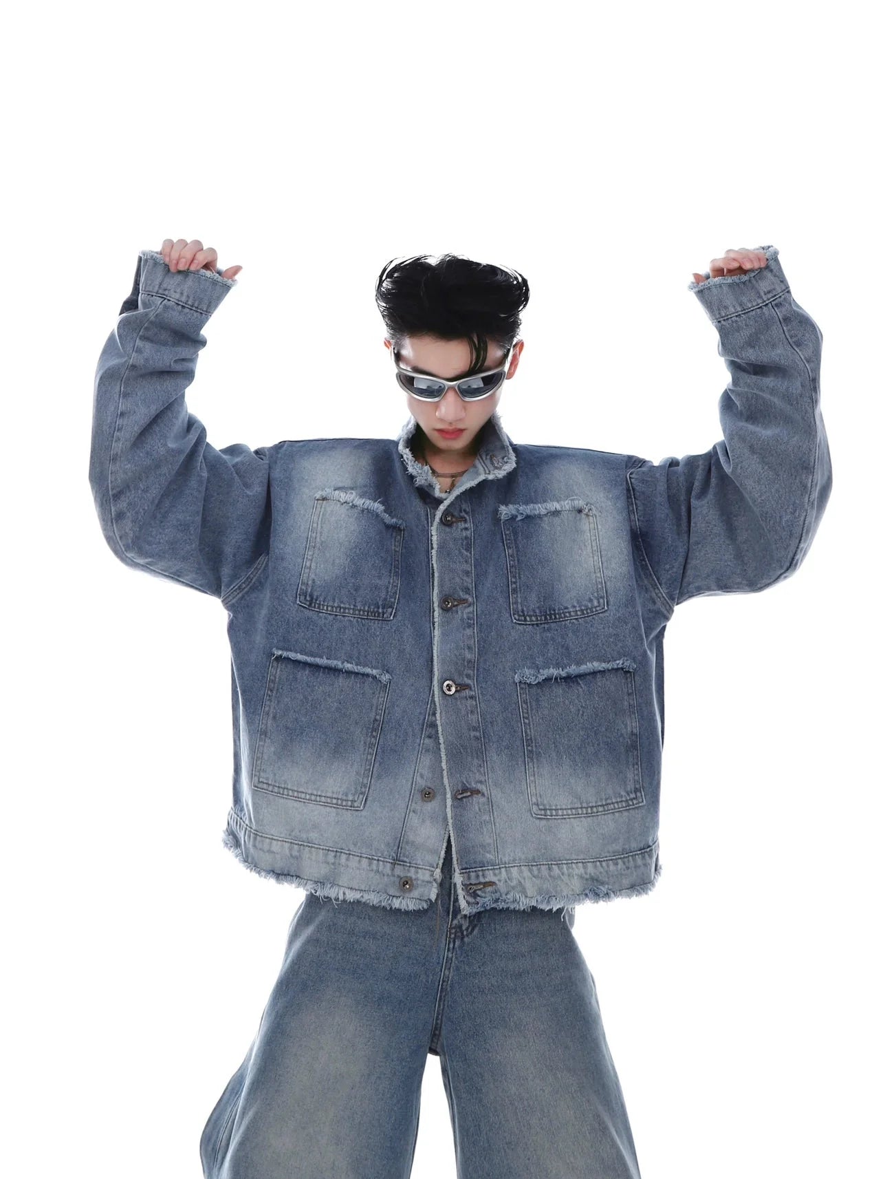 Vintage Wash Padded Shoulder Denim Jacket | Multi-Pocket Patchwork Short Coat