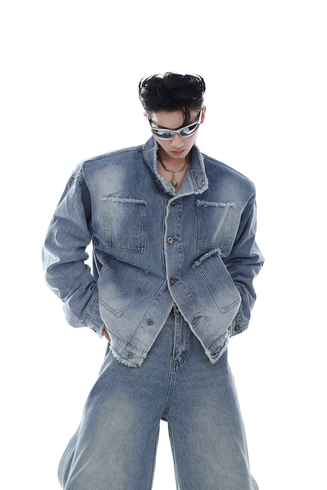 Vintage Wash Padded Shoulder Denim Jacket | Multi-Pocket Patchwork Short Coat