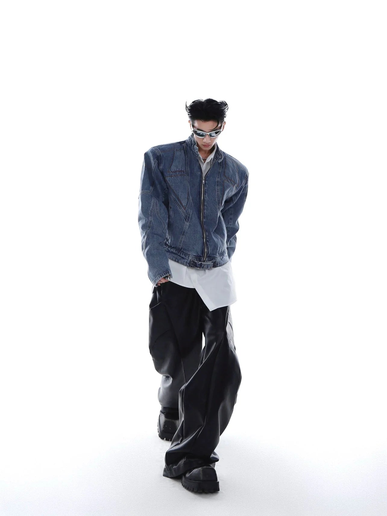 Vintage Wash Padded Shoulder Short Denim Jacket | 3D Deconstructed Biker Coat