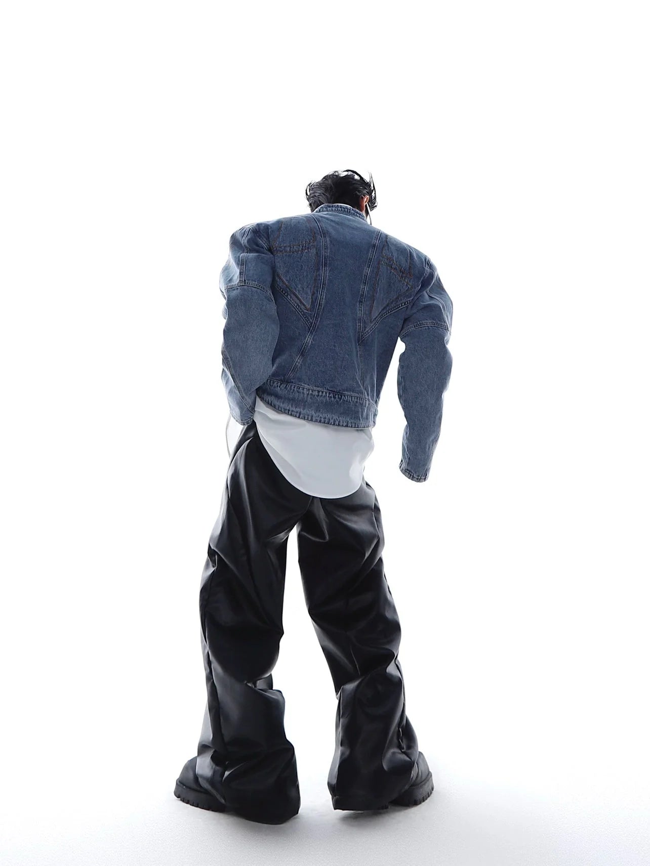 Vintage Wash Padded Shoulder Short Denim Jacket | 3D Deconstructed Biker Coat