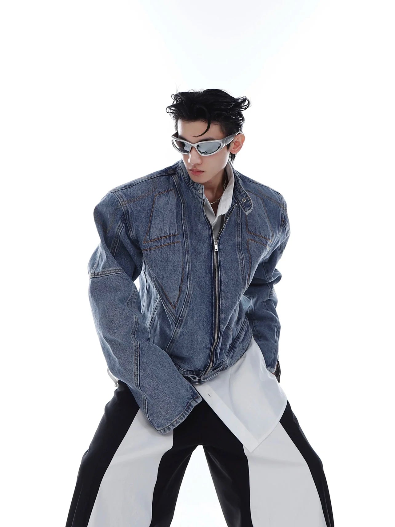 Vintage Wash Padded Shoulder Short Denim Jacket | 3D Deconstructed Biker Coat