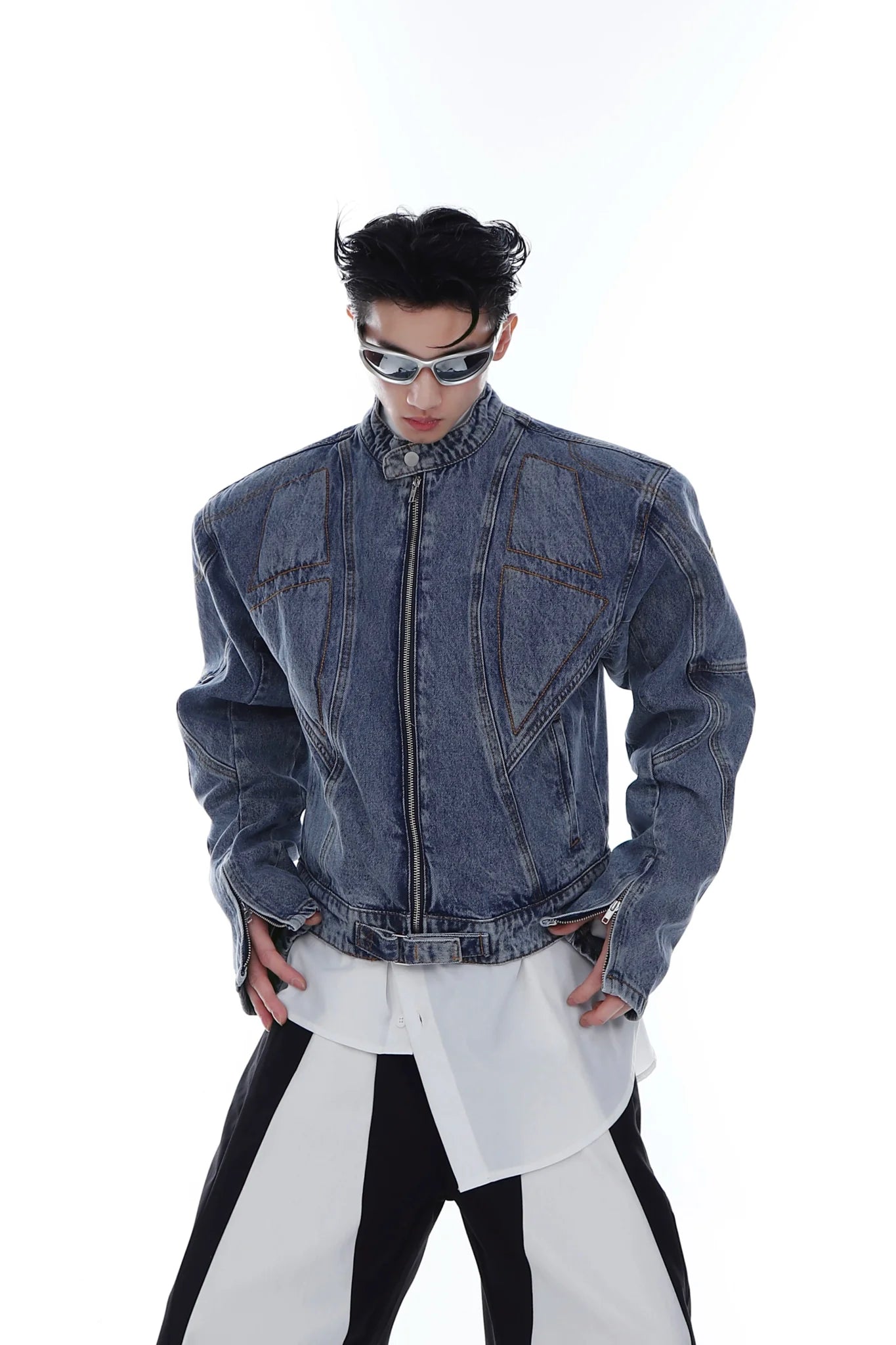 Vintage Wash Padded Shoulder Short Denim Jacket | 3D Deconstructed Biker Coat