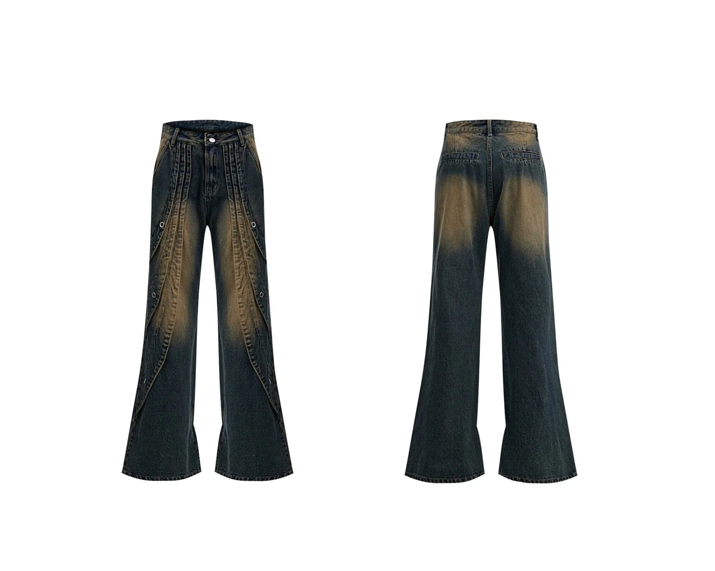 Vintage Washed Pleated Denim Pants with Metal Ring Design