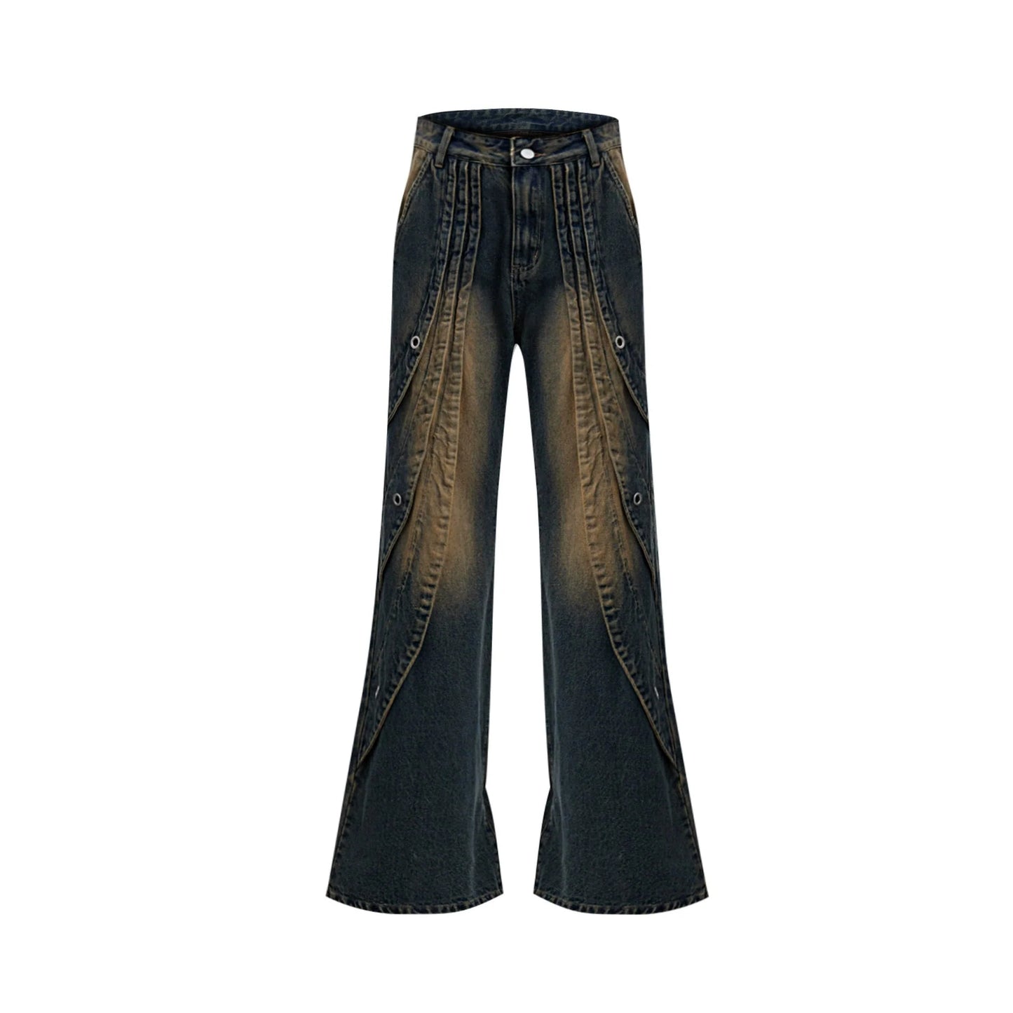 Vintage Washed Pleated Denim Pants with Metal Ring Design