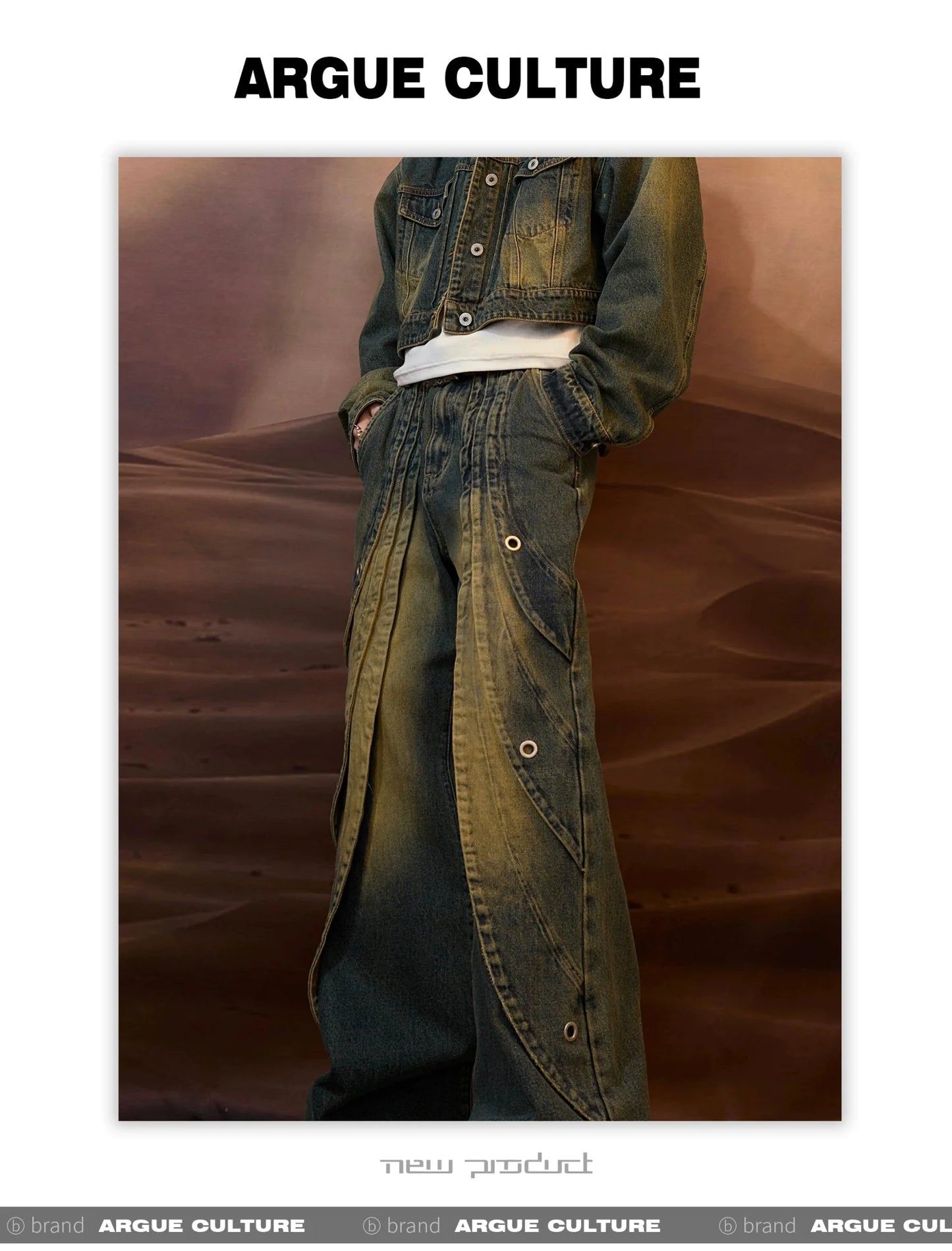 Vintage Washed Pleated Denim Pants with Metal Ring Design