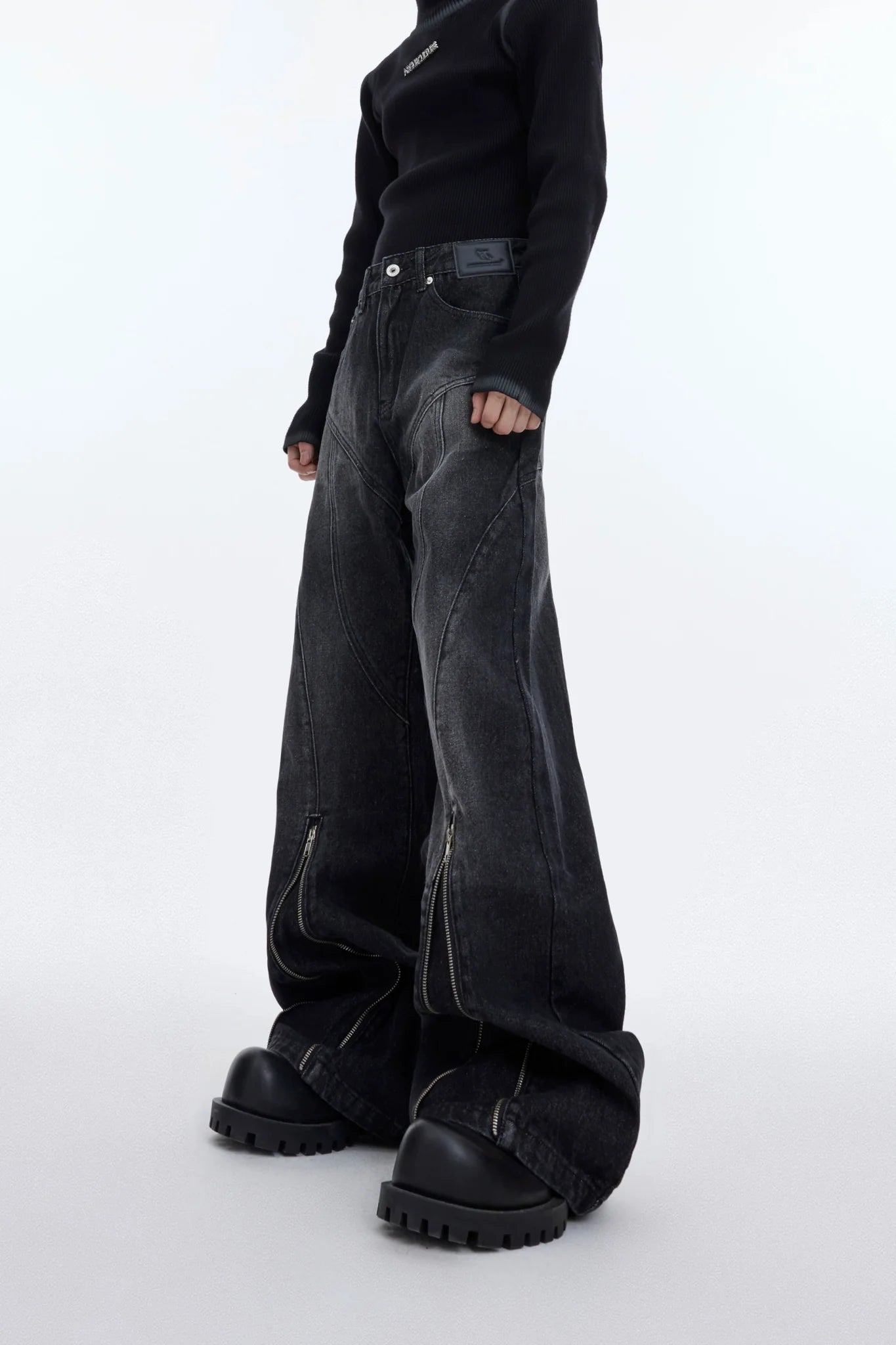 Washed Distressed Flared Denim Jeans with Metal Zipper Split Design