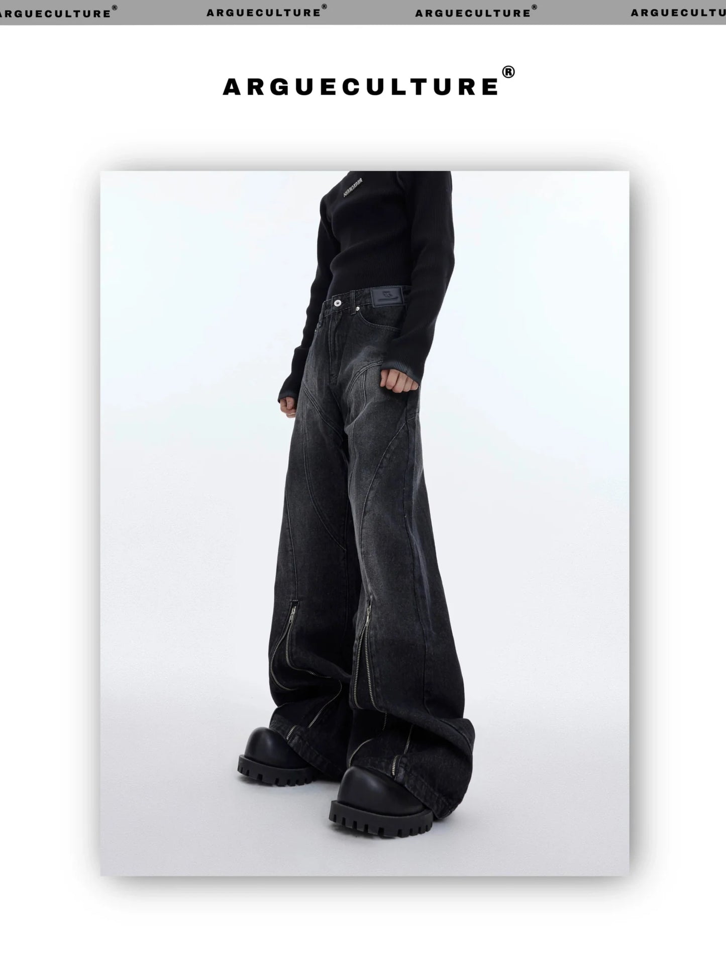 Washed Distressed Flared Denim Jeans with Metal Zipper Split Design