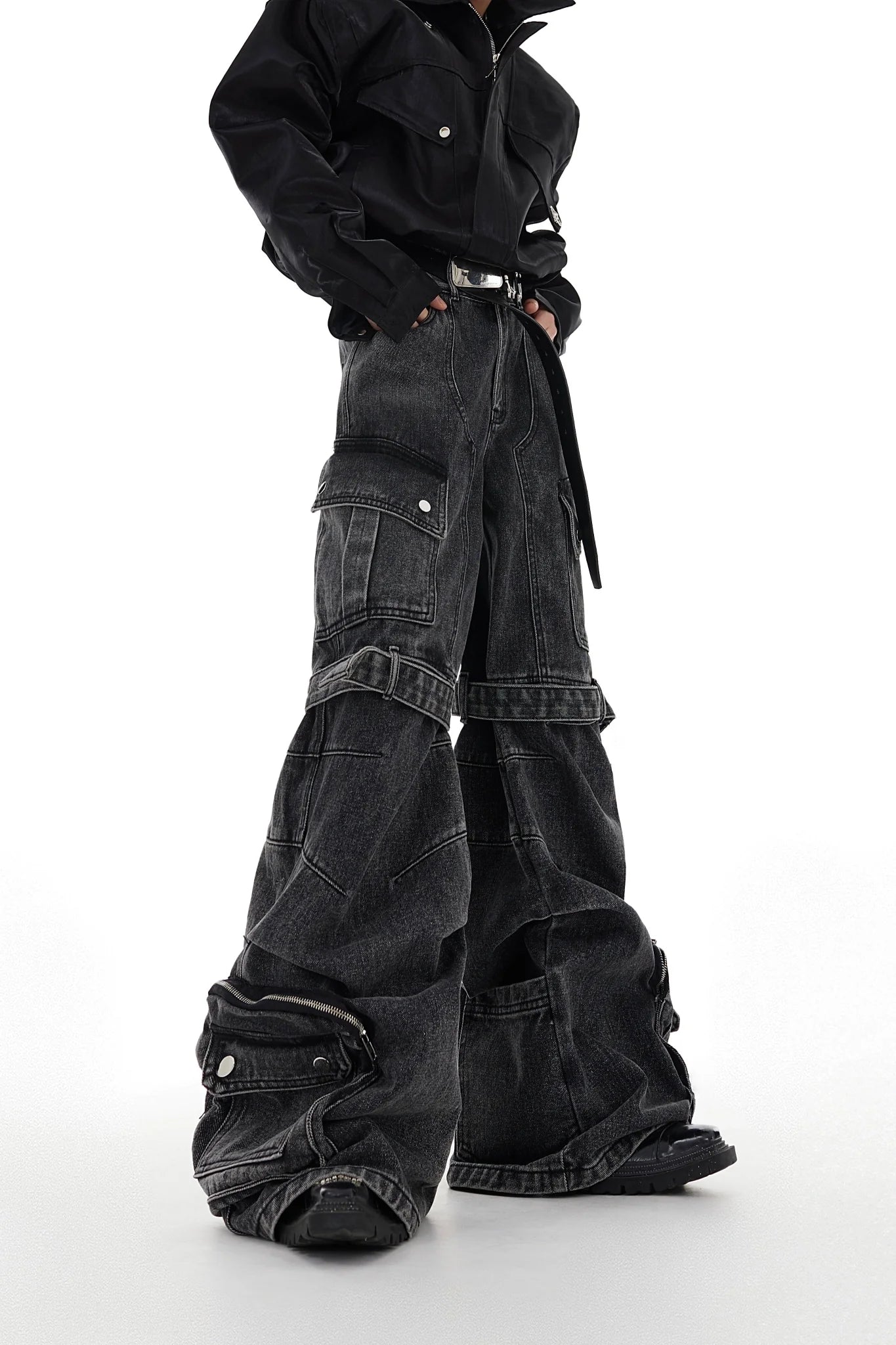 Washed Wide-Leg Denim Cargo Pants with Multi-Pocket and Tie Design