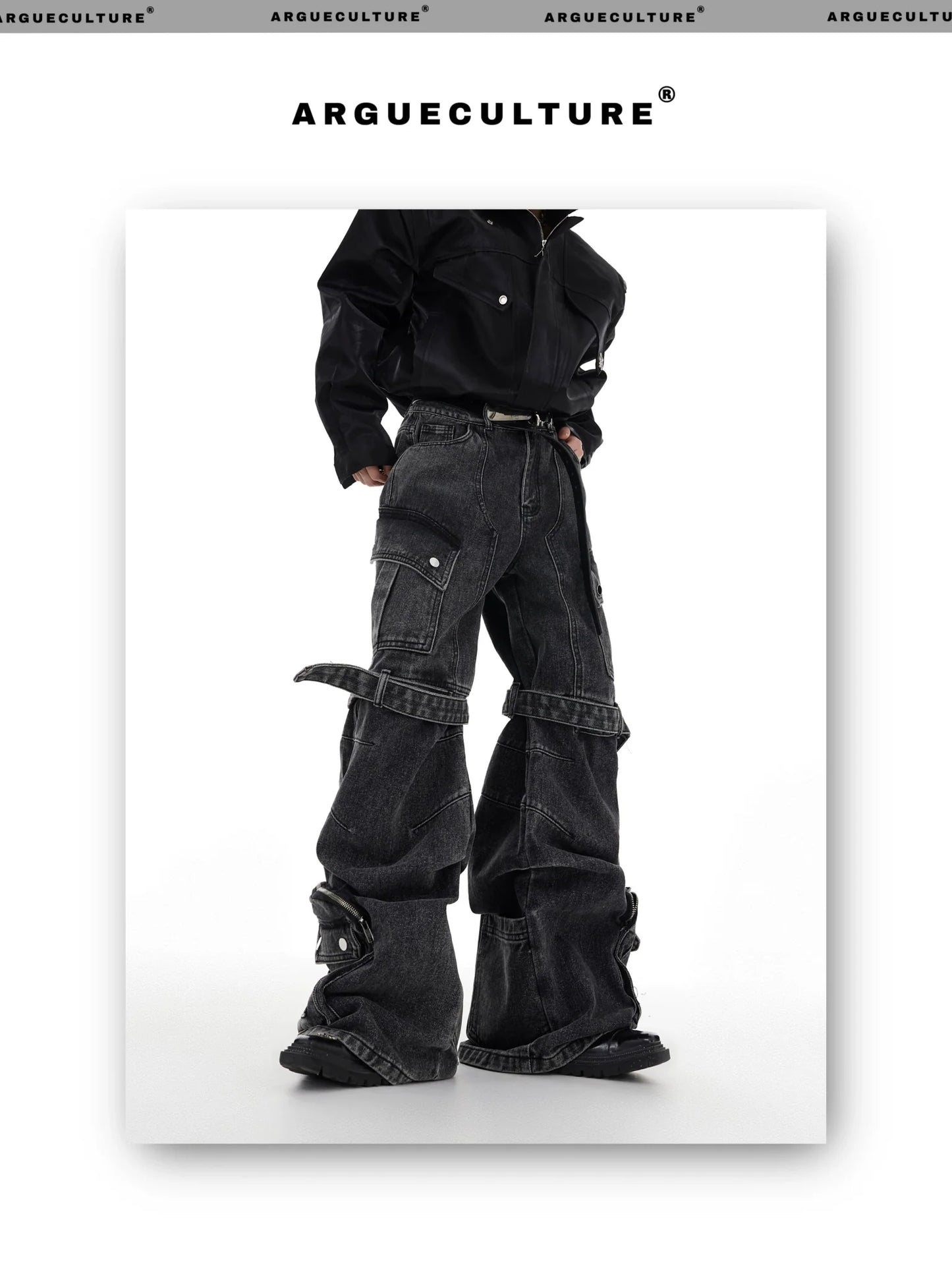 Washed Wide-Leg Denim Cargo Pants with Multi-Pocket and Tie Design