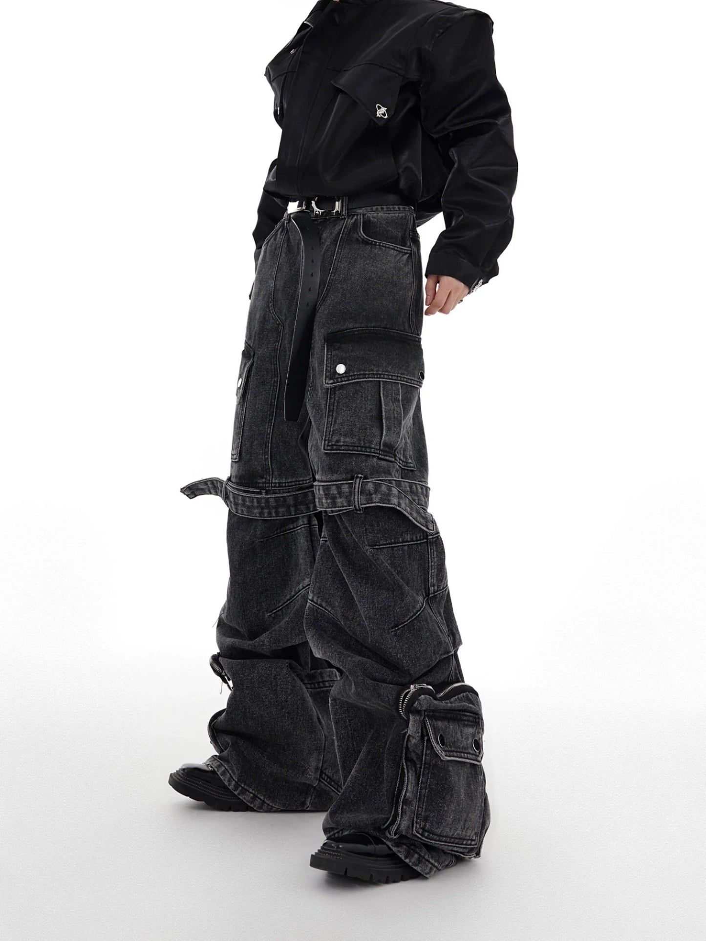 Washed Wide-Leg Denim Cargo Pants with Multi-Pocket and Tie Design