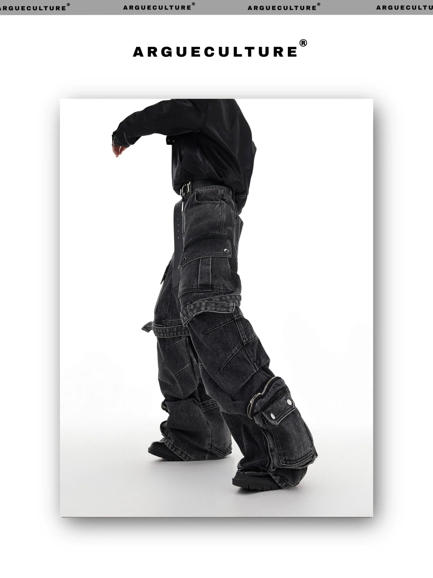 Washed Wide-Leg Denim Cargo Pants with Multi-Pocket and Tie Design