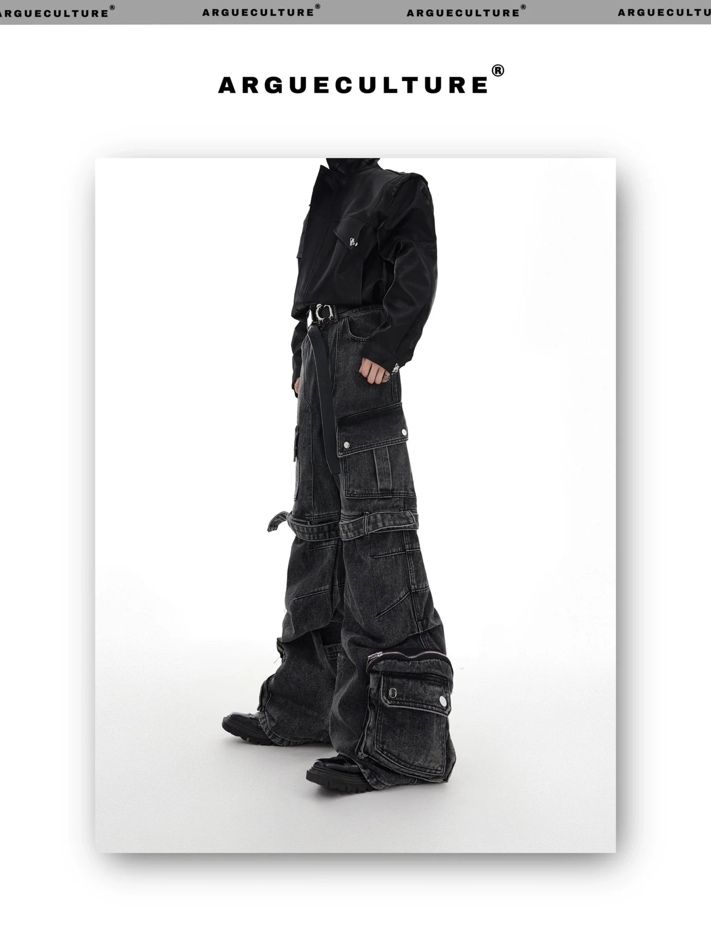 Washed Wide-Leg Denim Cargo Pants with Multi-Pocket and Tie Design