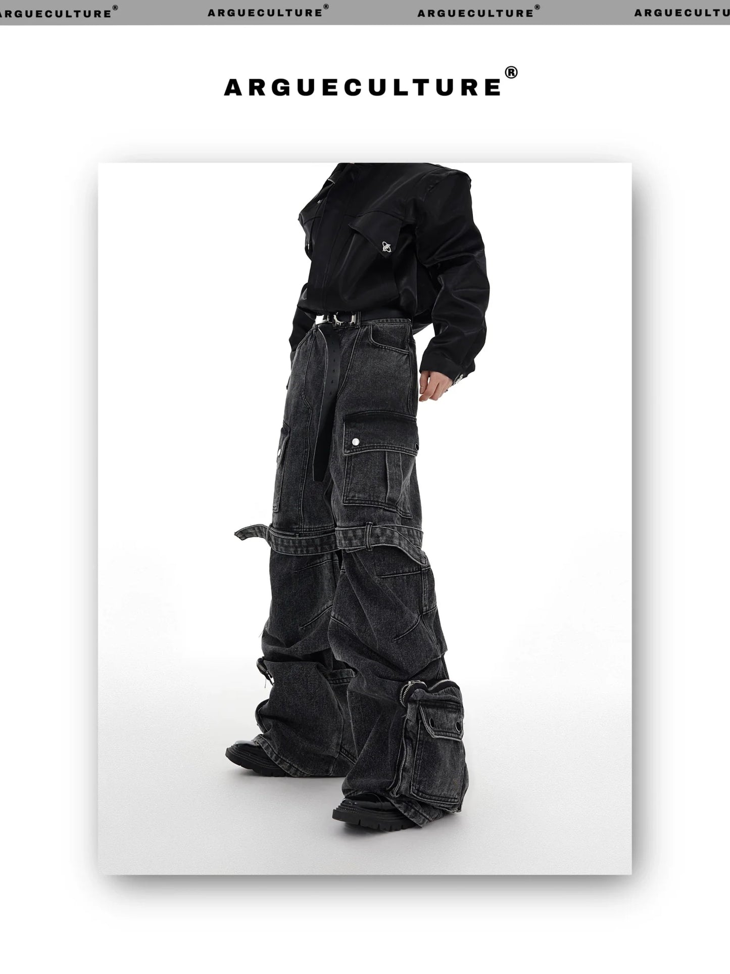 Washed Wide-Leg Denim Cargo Pants with Multi-Pocket and Tie Design