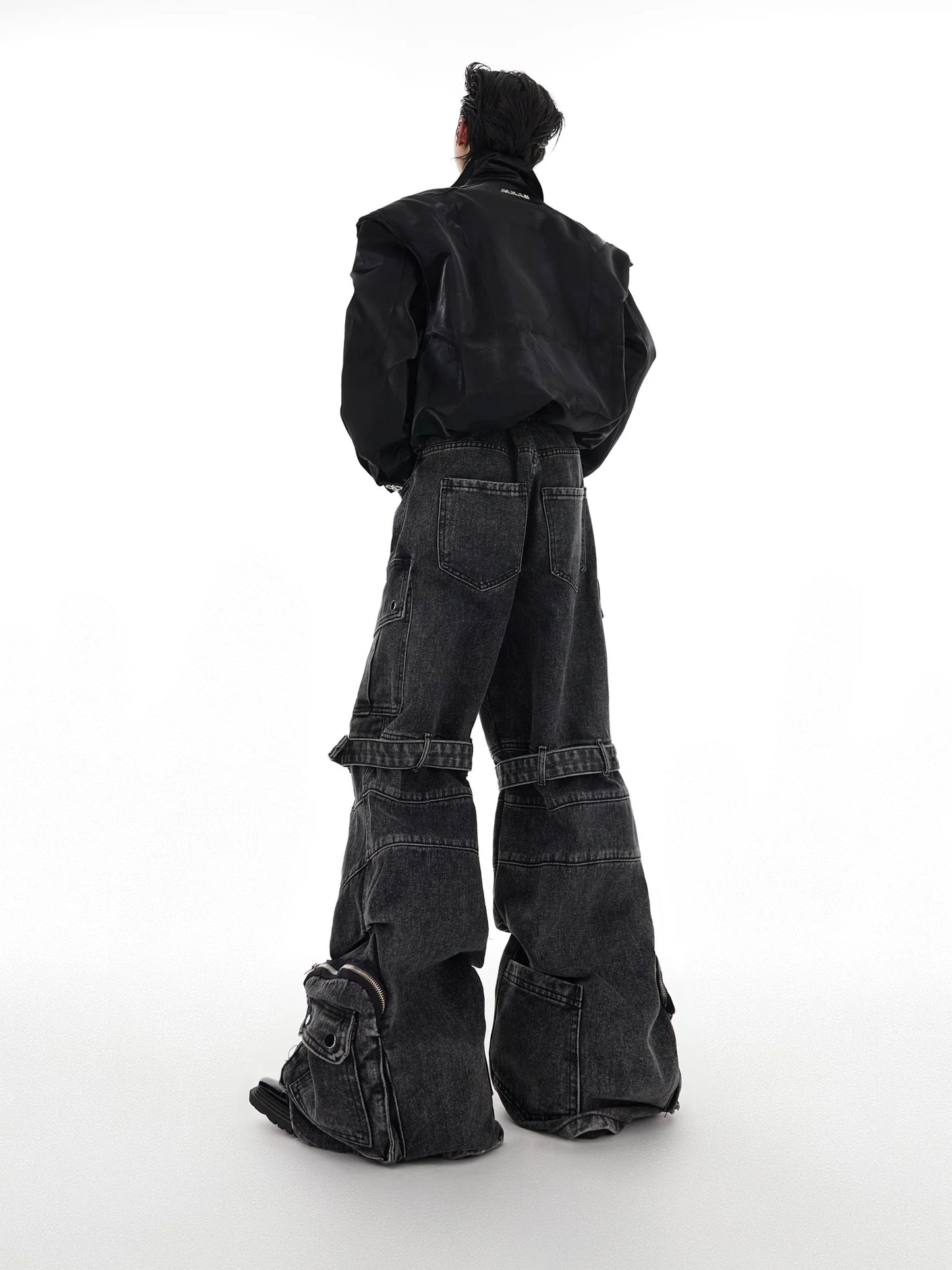 Washed Wide-Leg Denim Cargo Pants with Multi-Pocket and Tie Design