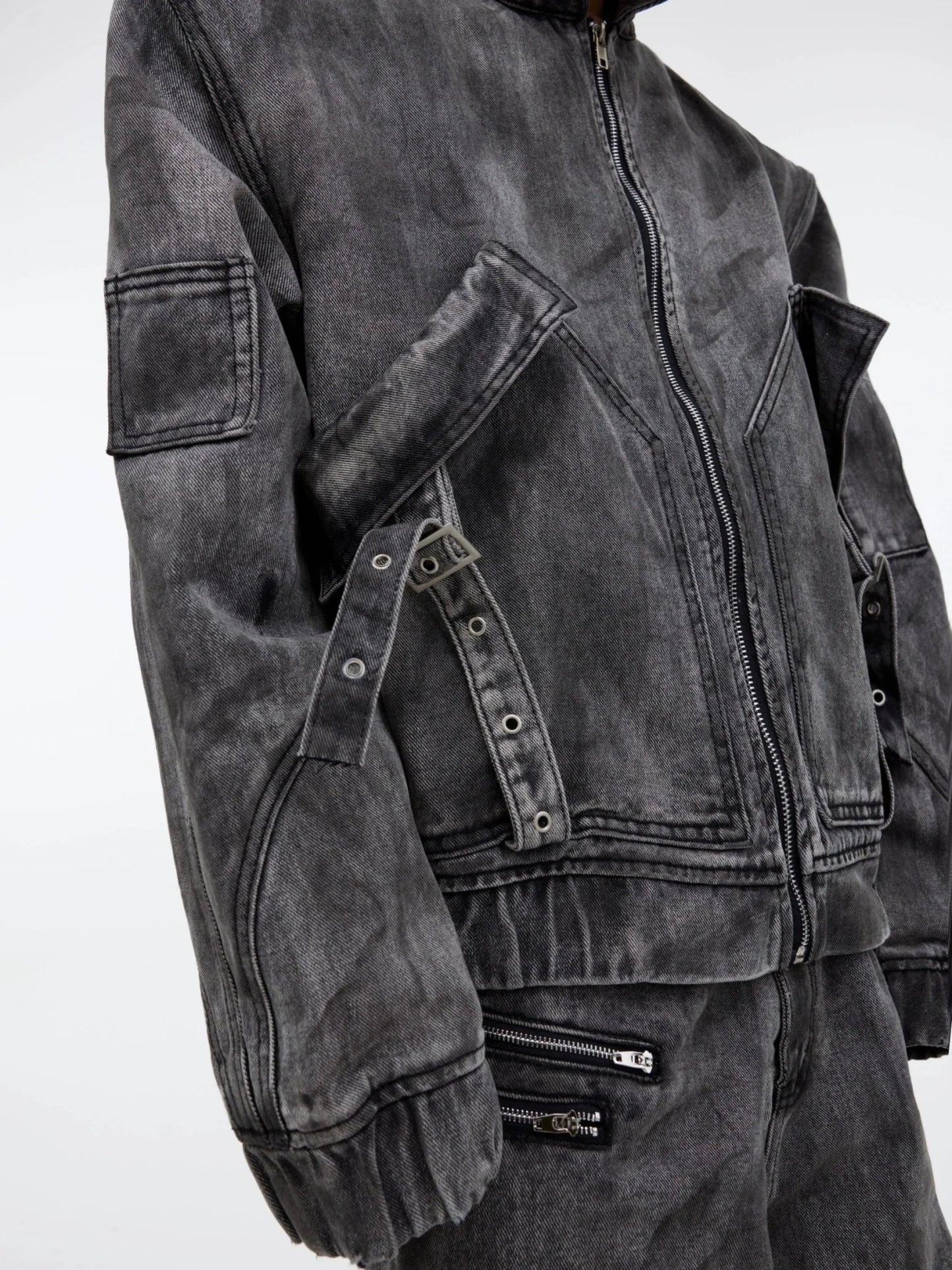 Wasteland Punk Distressed Denim Suit with Jacket and Cargo Pants