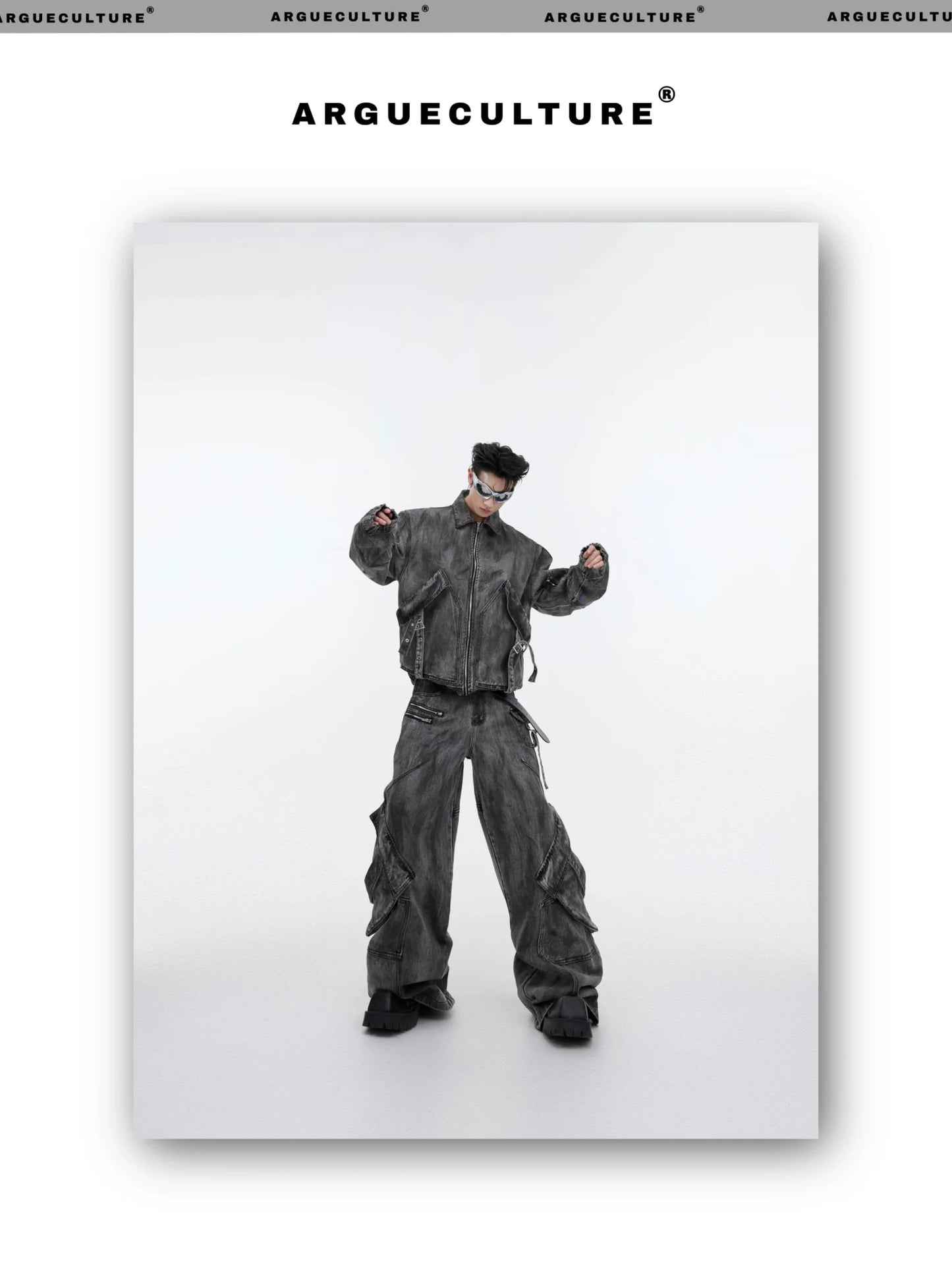 Wasteland Punk Distressed Denim Suit with Jacket and Cargo Pants