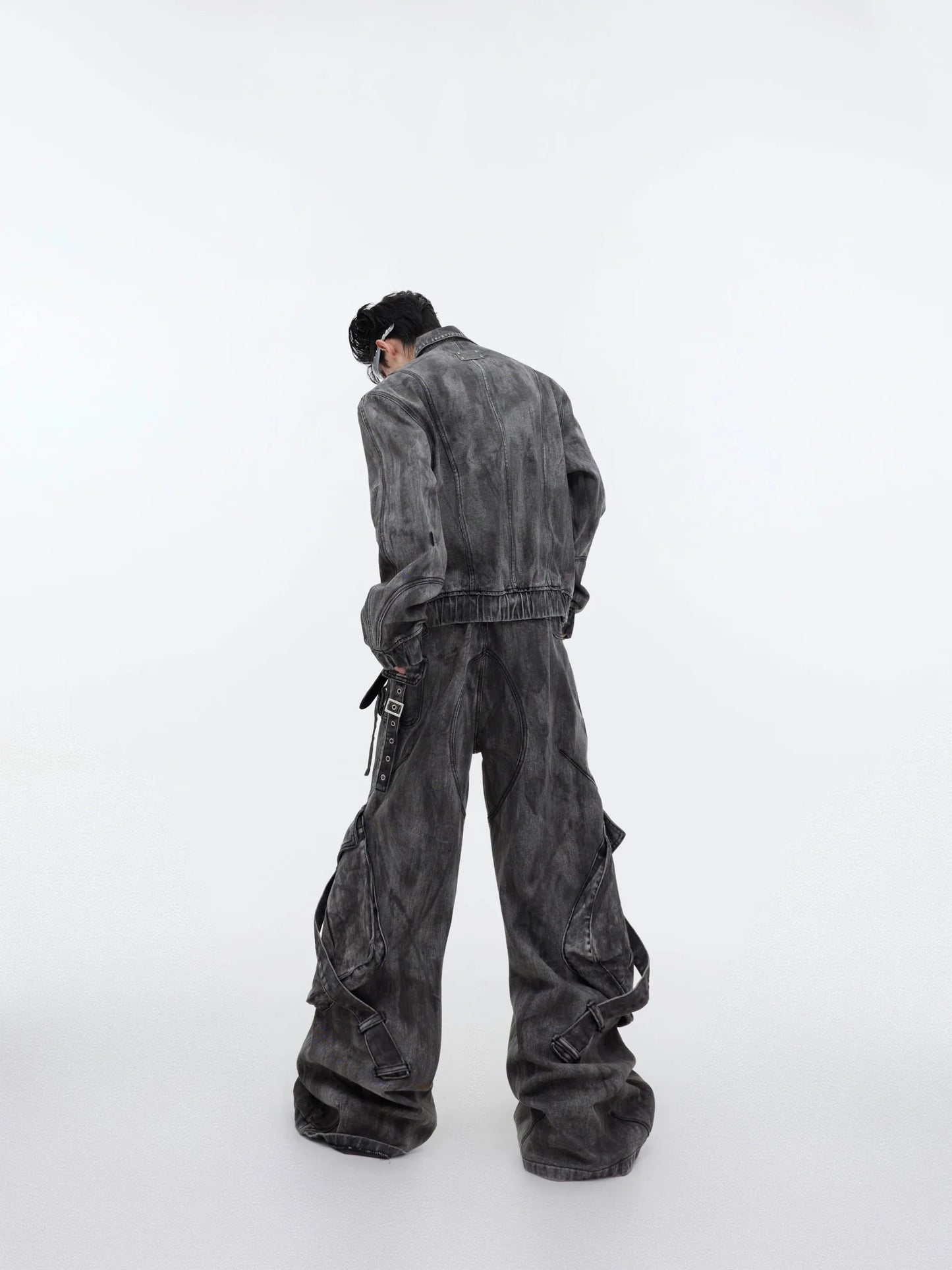 Wasteland Punk Distressed Denim Suit with Jacket and Cargo Pants