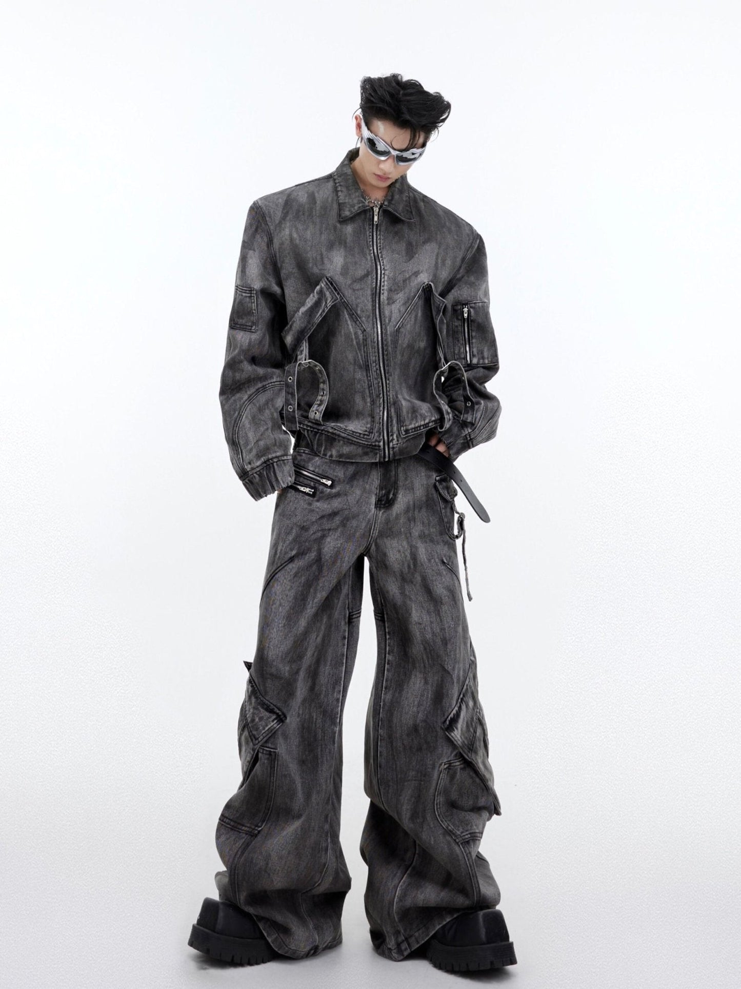 Wasteland Punk Distressed Denim Suit with Jacket and Cargo Pants