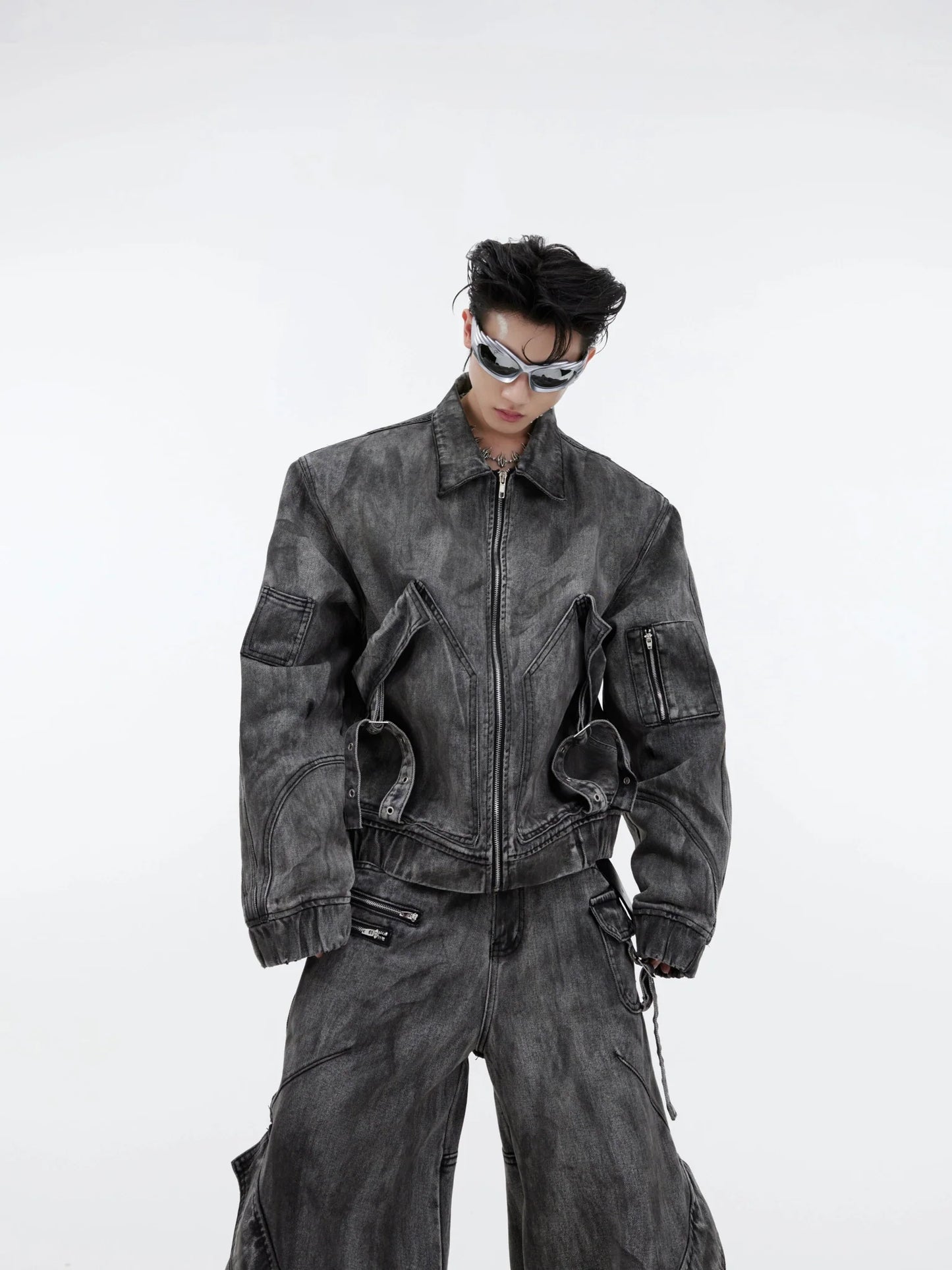 Wasteland Punk Distressed Denim Suit with Jacket and Cargo Pants