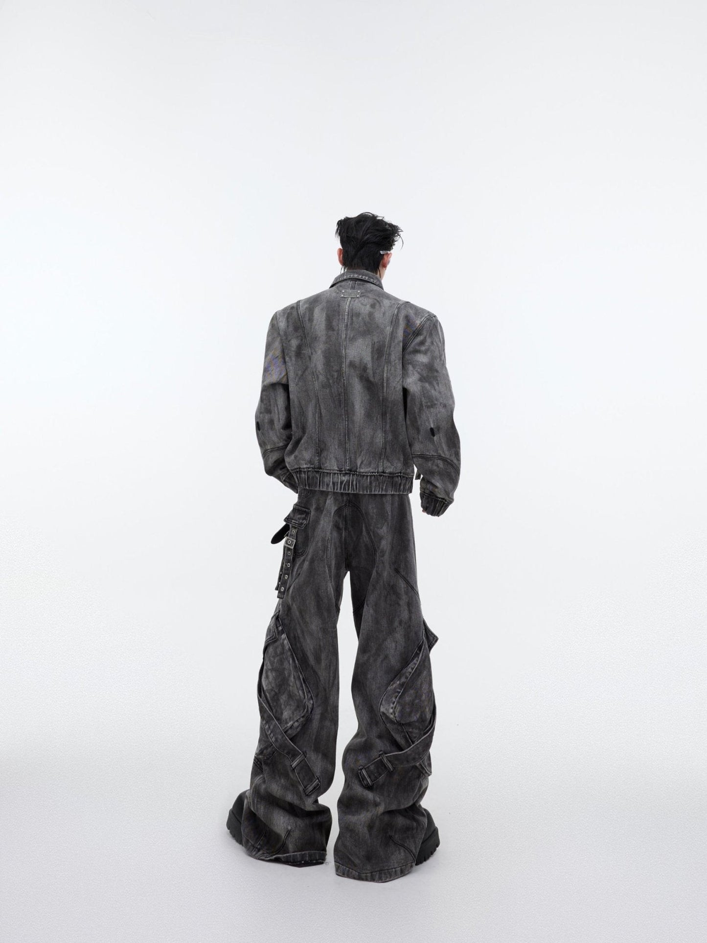 Wasteland Punk Distressed Denim Suit with Jacket and Cargo Pants