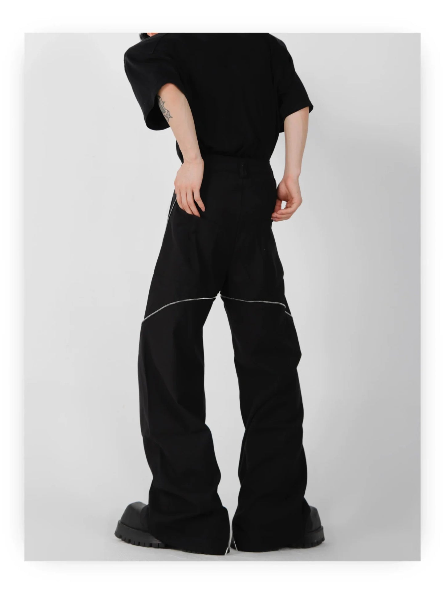 Wide Leg Zipper Spliced Flared Pants with Relaxed Fit and Split