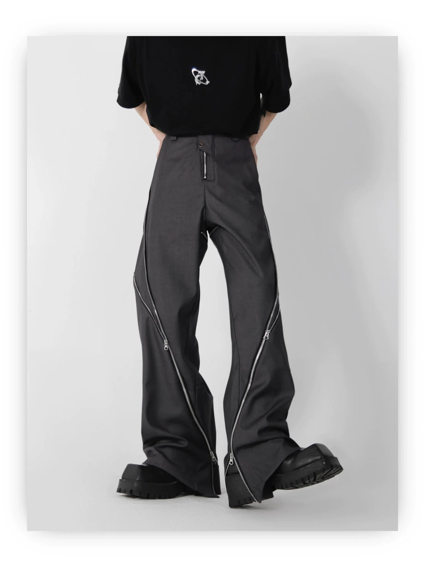 Wide Leg Zipper Spliced Flared Pants with Relaxed Fit and Split