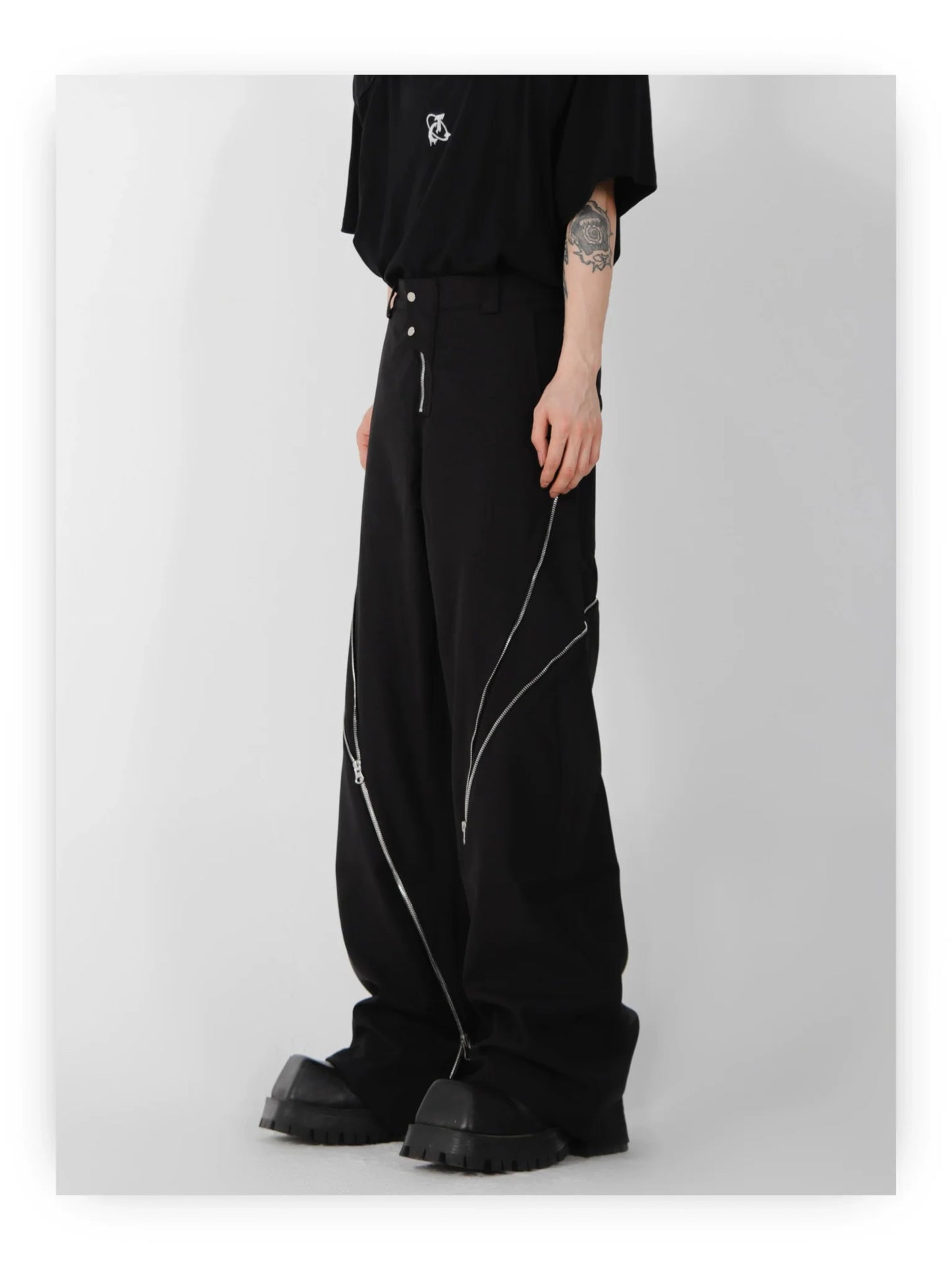 Wide Leg Zipper Spliced Flared Pants with Relaxed Fit and Split